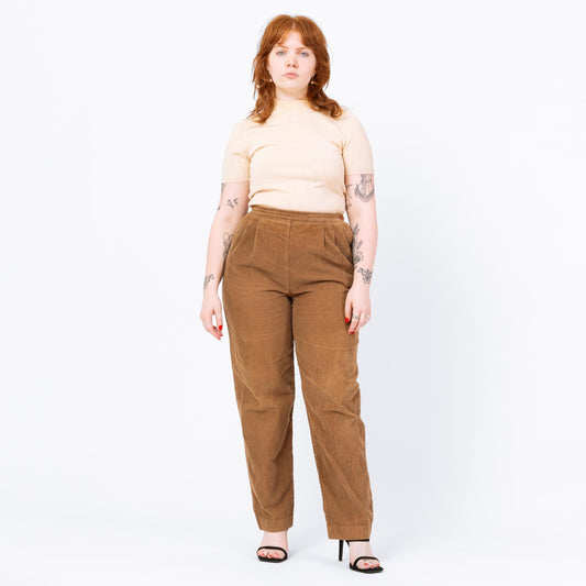 Vintage 80s Camel Brown Corduroy High Waisted Pants - Large, 30" Waist | Retro Pleated Tapered Leg Cotton Trousers