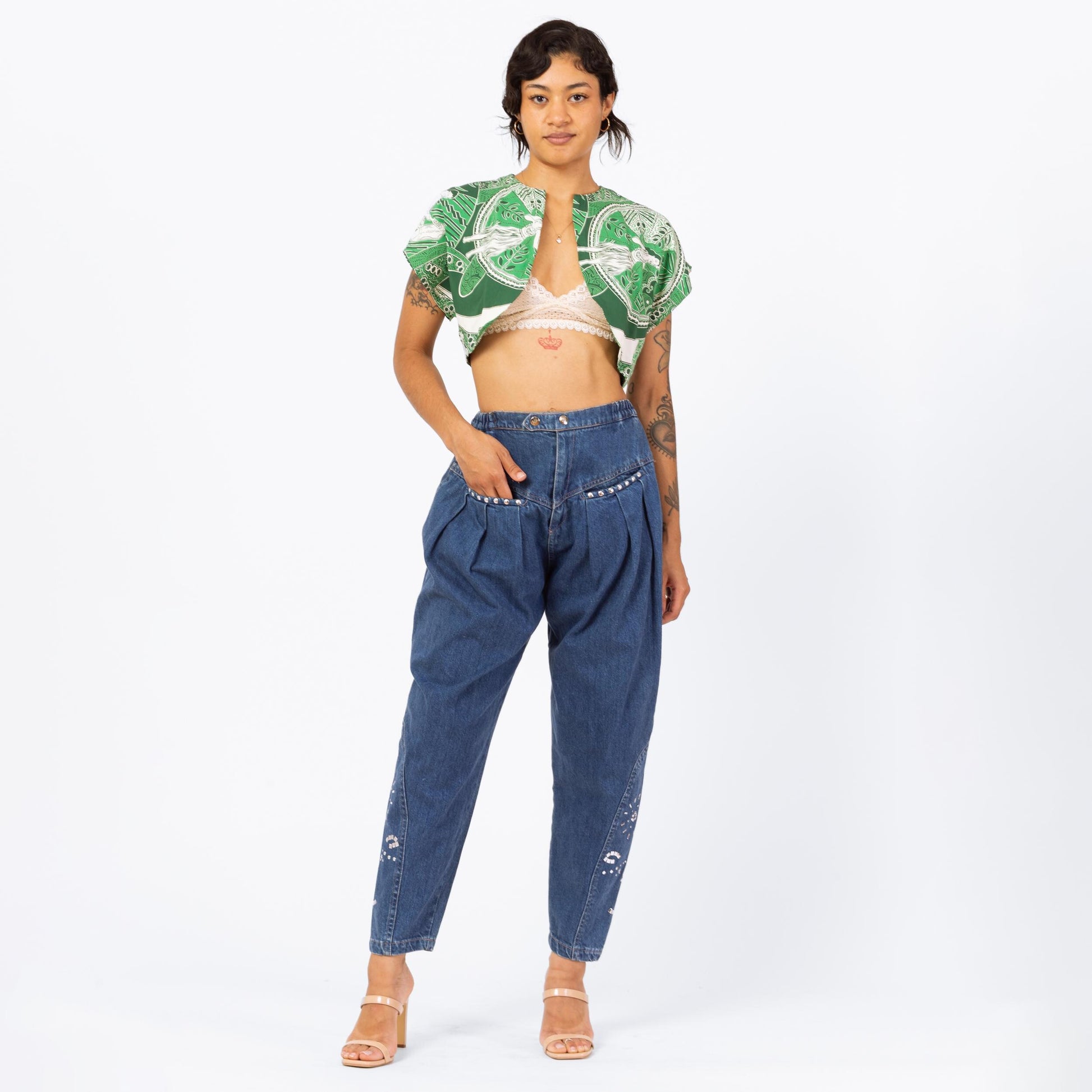 Vintage 80s Studded Fox Balloon Jeans - Extra Small, 22"-25" Waist | Streetwear Denim High Waisted Tapered Leg Baggy Barrel Jeans