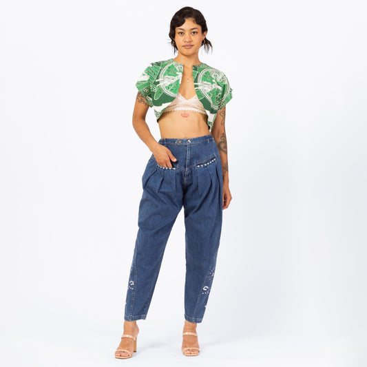 Vintage 80s Studded Fox Balloon Jeans - Extra Small, 22"-25" Waist | Streetwear Denim High Waisted Tapered Leg Baggy Barrel Jeans