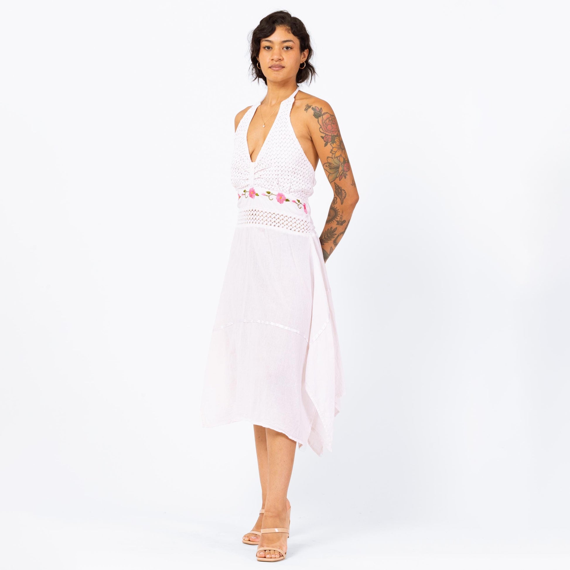Vintage 90s Crochet Scarf Hem Mexican Sundress - Small to Medium | White Pink Embroidered Floral Halter Handkerchief Dress