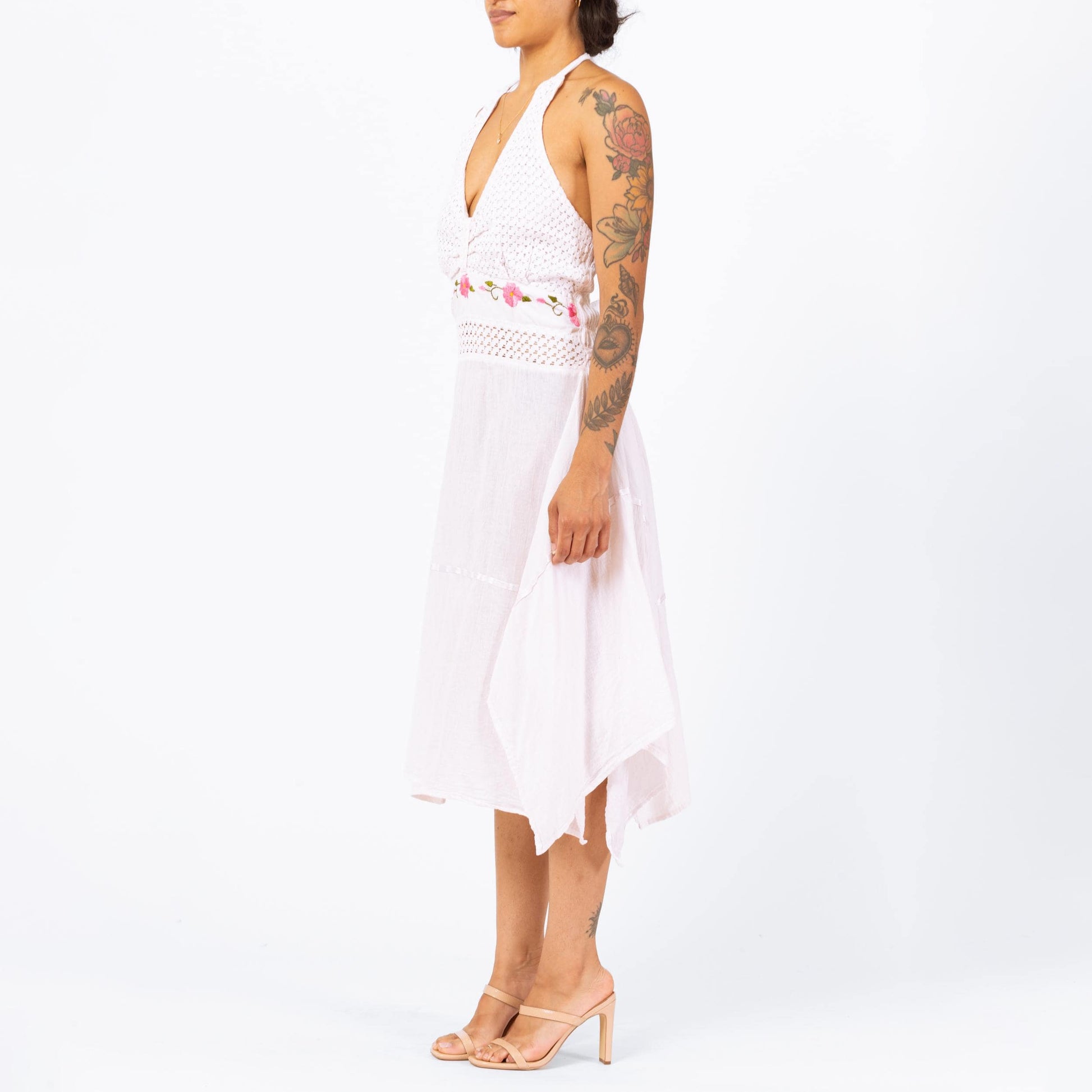 Vintage 90s Crochet Scarf Hem Mexican Sundress - Small to Medium | White Pink Embroidered Floral Halter Handkerchief Dress