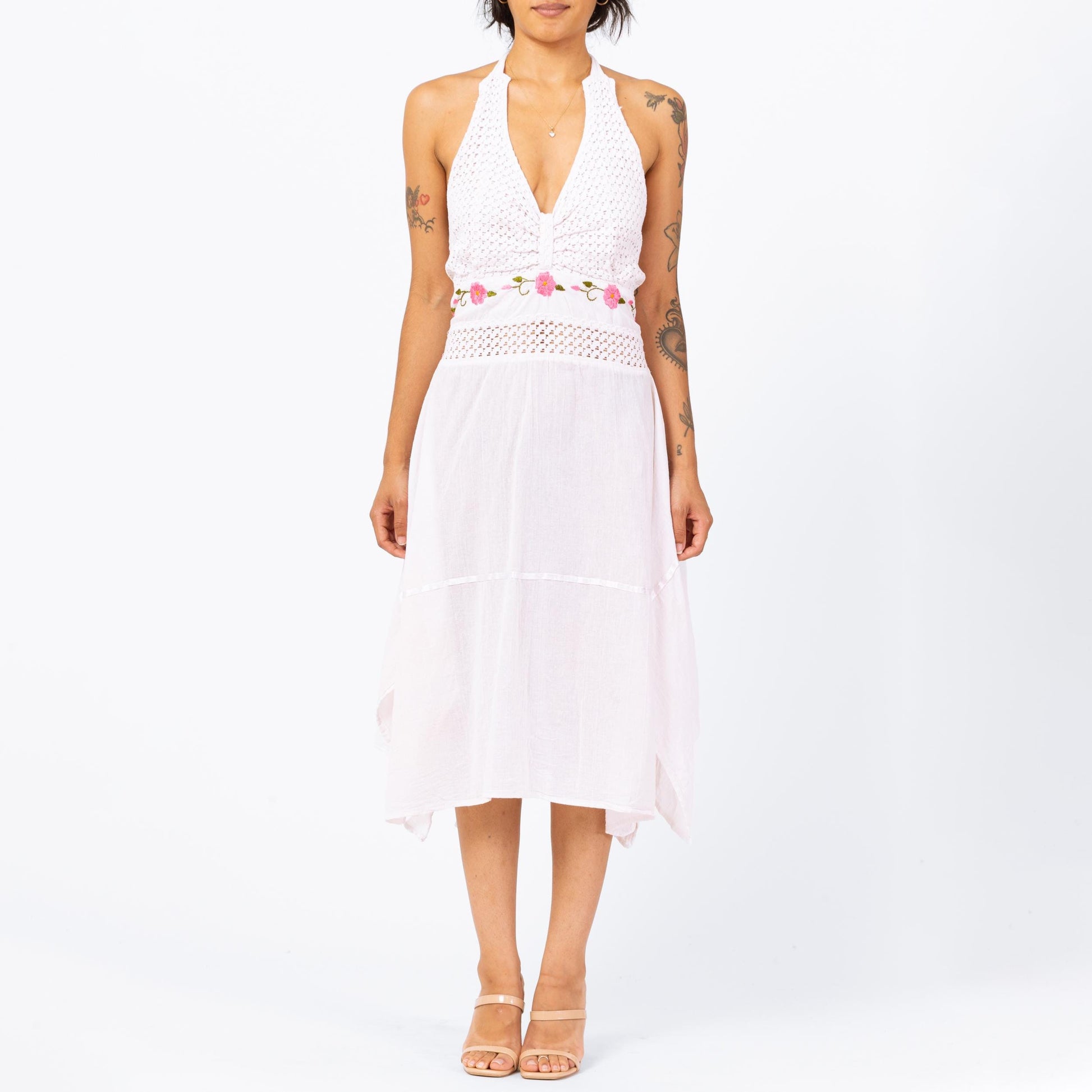 Vintage 90s Crochet Scarf Hem Mexican Sundress - Small to Medium | White Pink Embroidered Floral Halter Handkerchief Dress