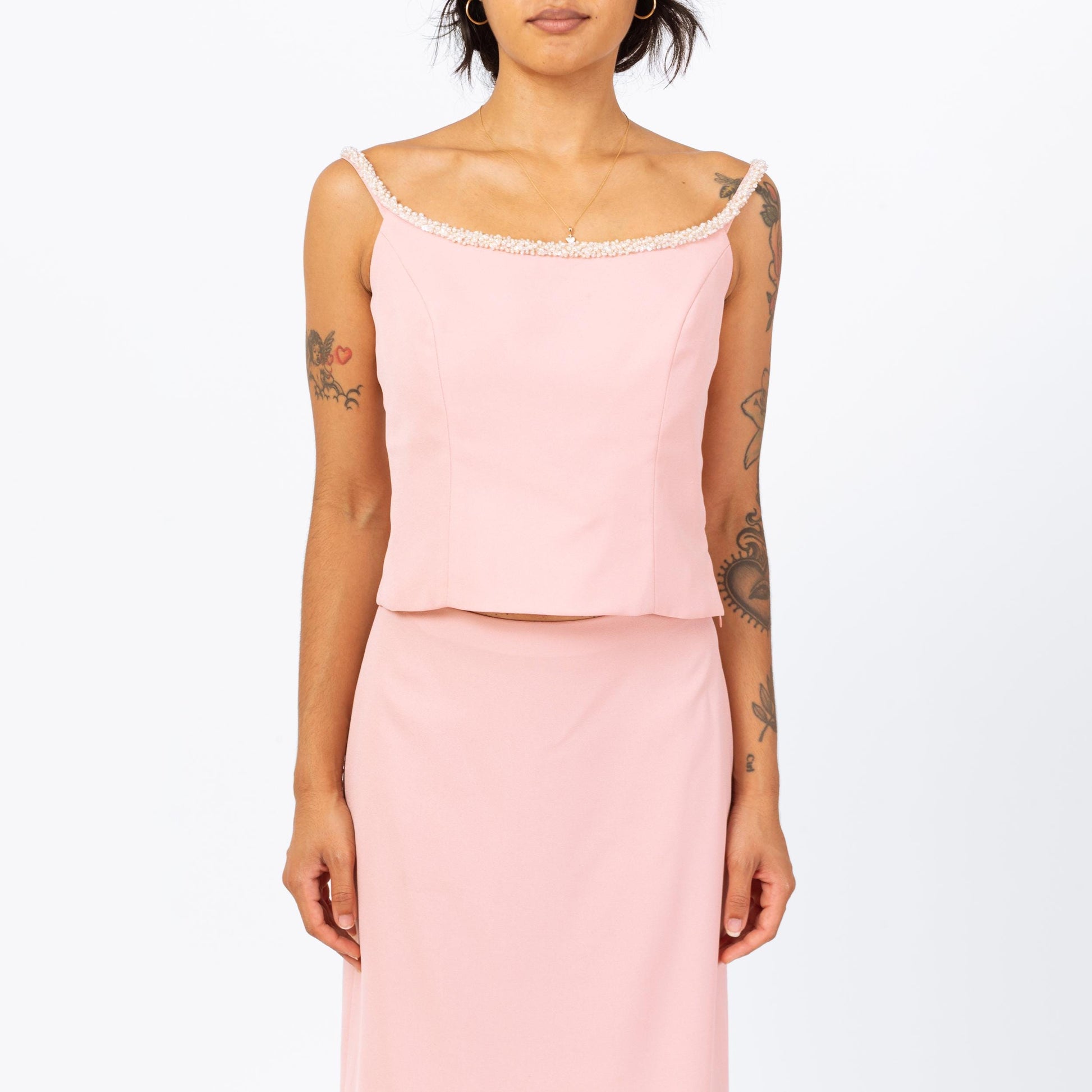 Vintage 90s Y2K Blush Pink Formal Maxi Skirt Set - Small | 2000s Sleeveless Beaded Blouse & Skirt Matching Two Piece Evening Gown Outfit