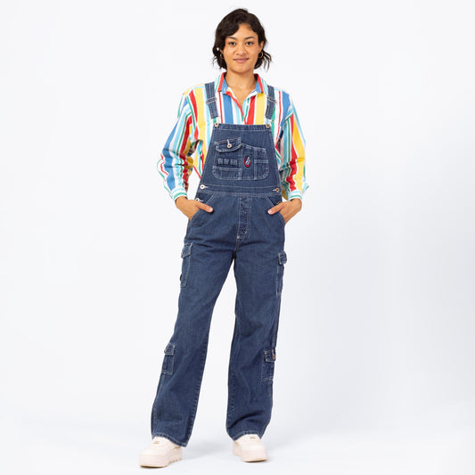 Vintage 90s Dark Wash Denim Cargo Overalls - Small | Women's Blue Jean Bib Overall Pants