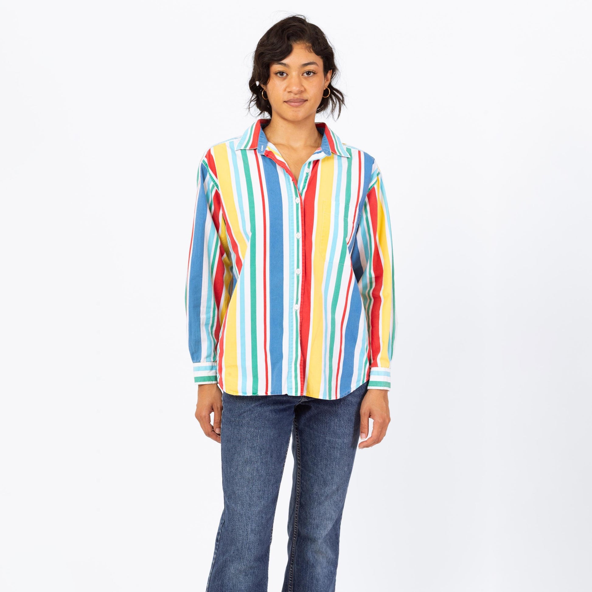 Vintage 90s Primary Color Striped Button Up Shirt - Medium | Long Sleeve Collared Vertical Candy Stripe Top