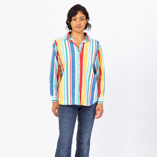 Vintage 90s Primary Color Striped Button Up Shirt - Medium | Long Sleeve Collared Vertical Candy Stripe Top