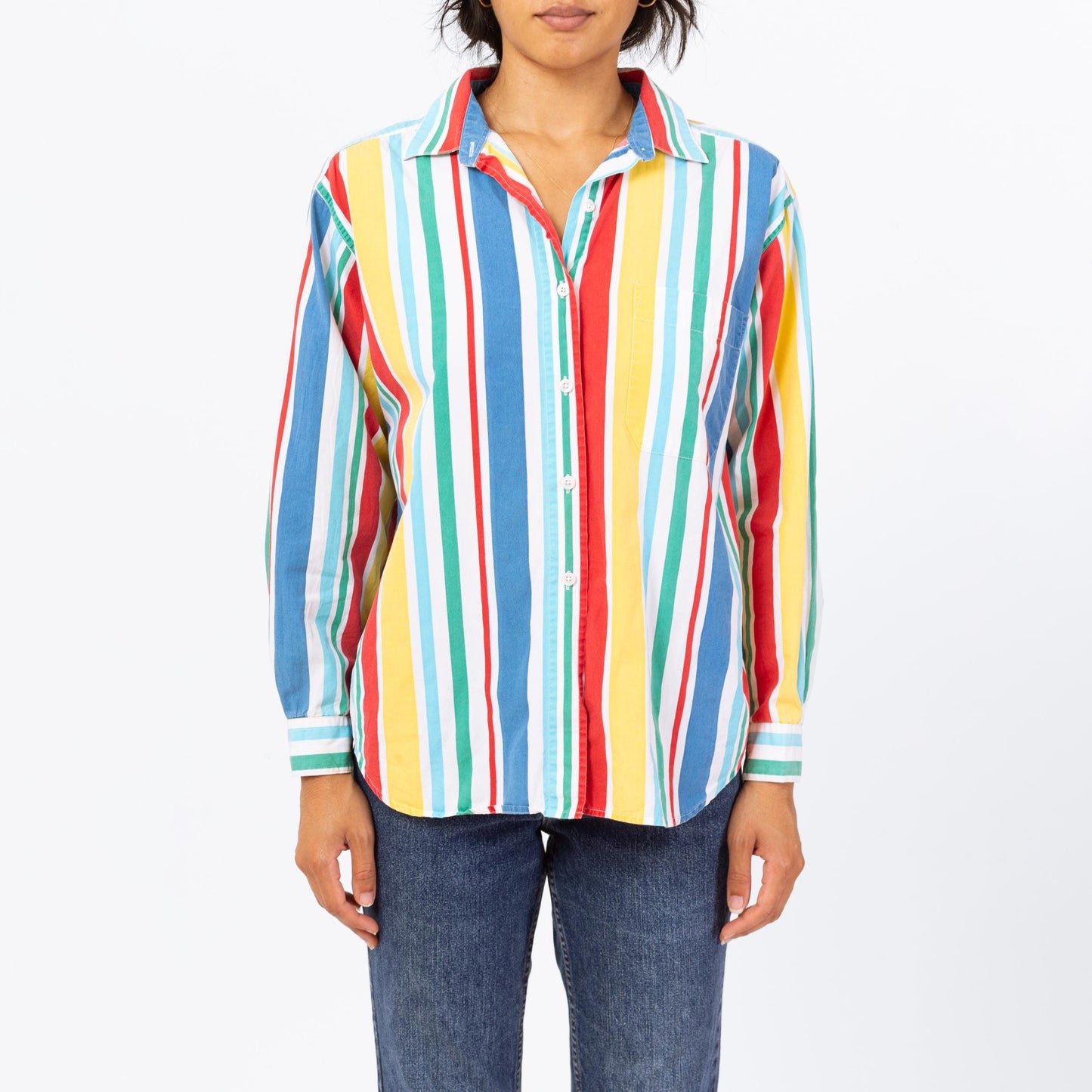 Vintage 90s Primary Color Striped Button Up Shirt - Medium | Long Sleeve Collared Vertical Candy Stripe Top
