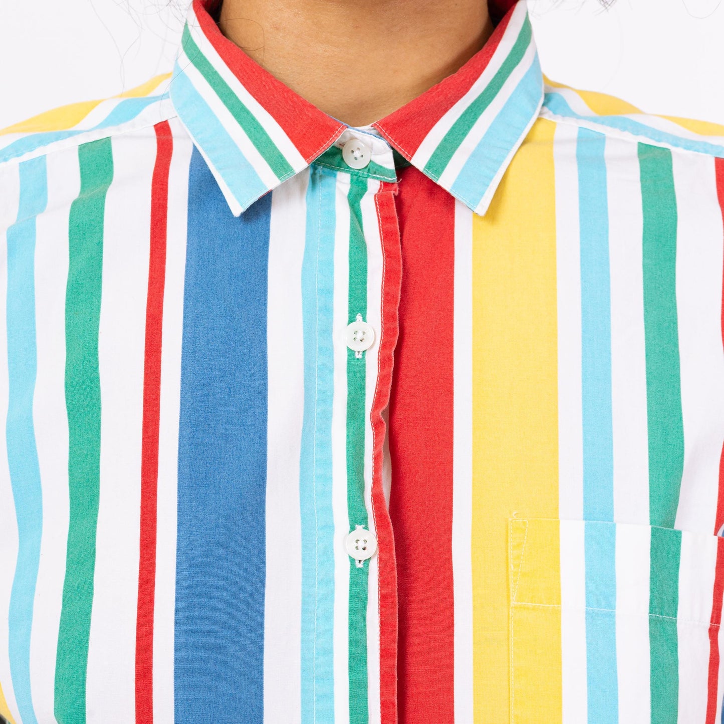 Vintage 90s Primary Color Striped Button Up Shirt - Medium | Long Sleeve Collared Vertical Candy Stripe Top