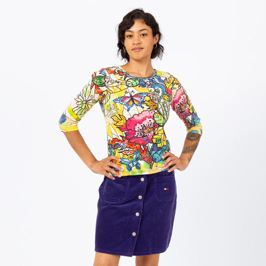 Vintage 90s Butterfly Mosaic Print Sequin Shirt - Small | Maximalist Floral Graphic 3/4 Sleeve Pullover Top