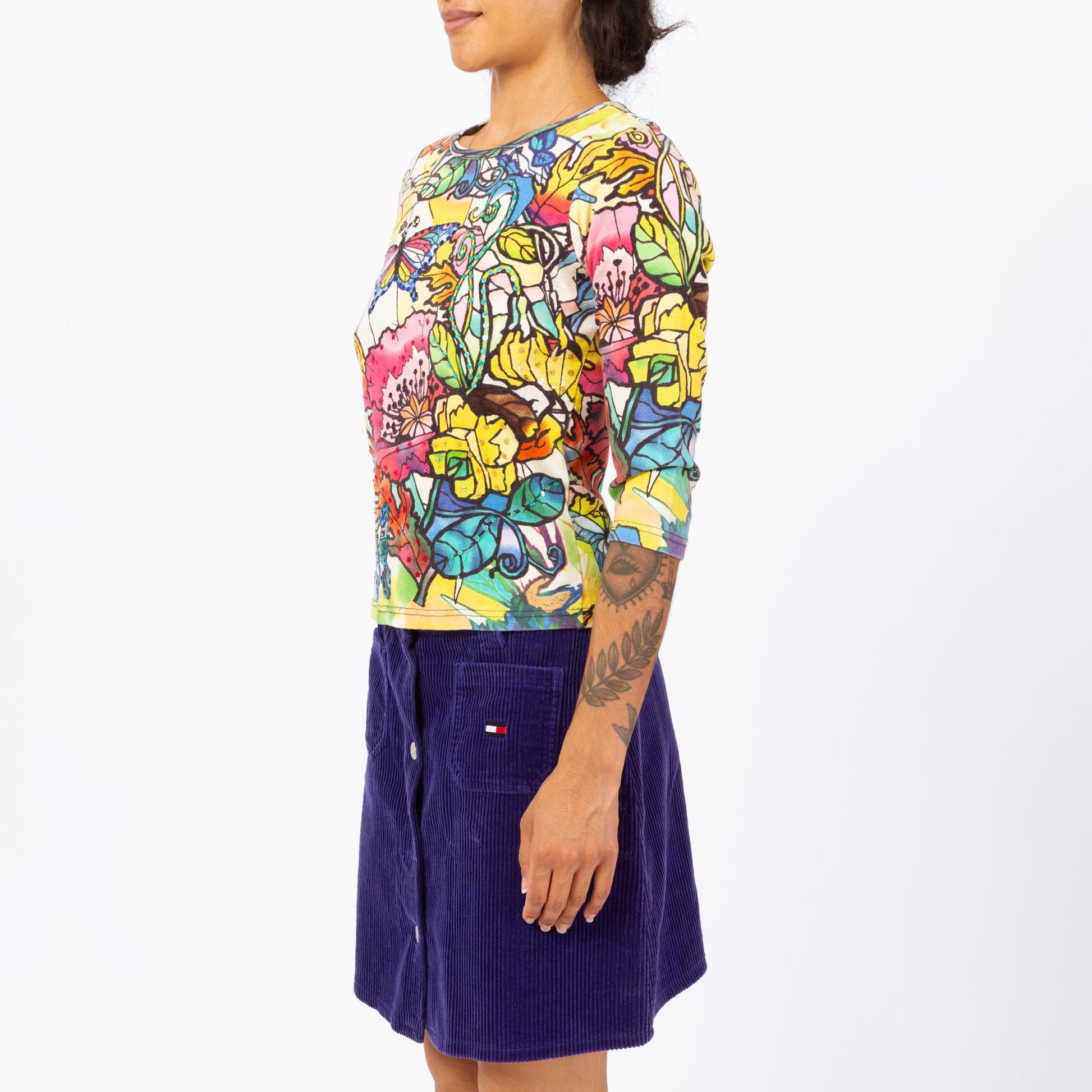 Vintage 90s Butterfly Mosaic Print Sequin Shirt - Small | Maximalist Floral Graphic 3/4 Sleeve Pullover Top