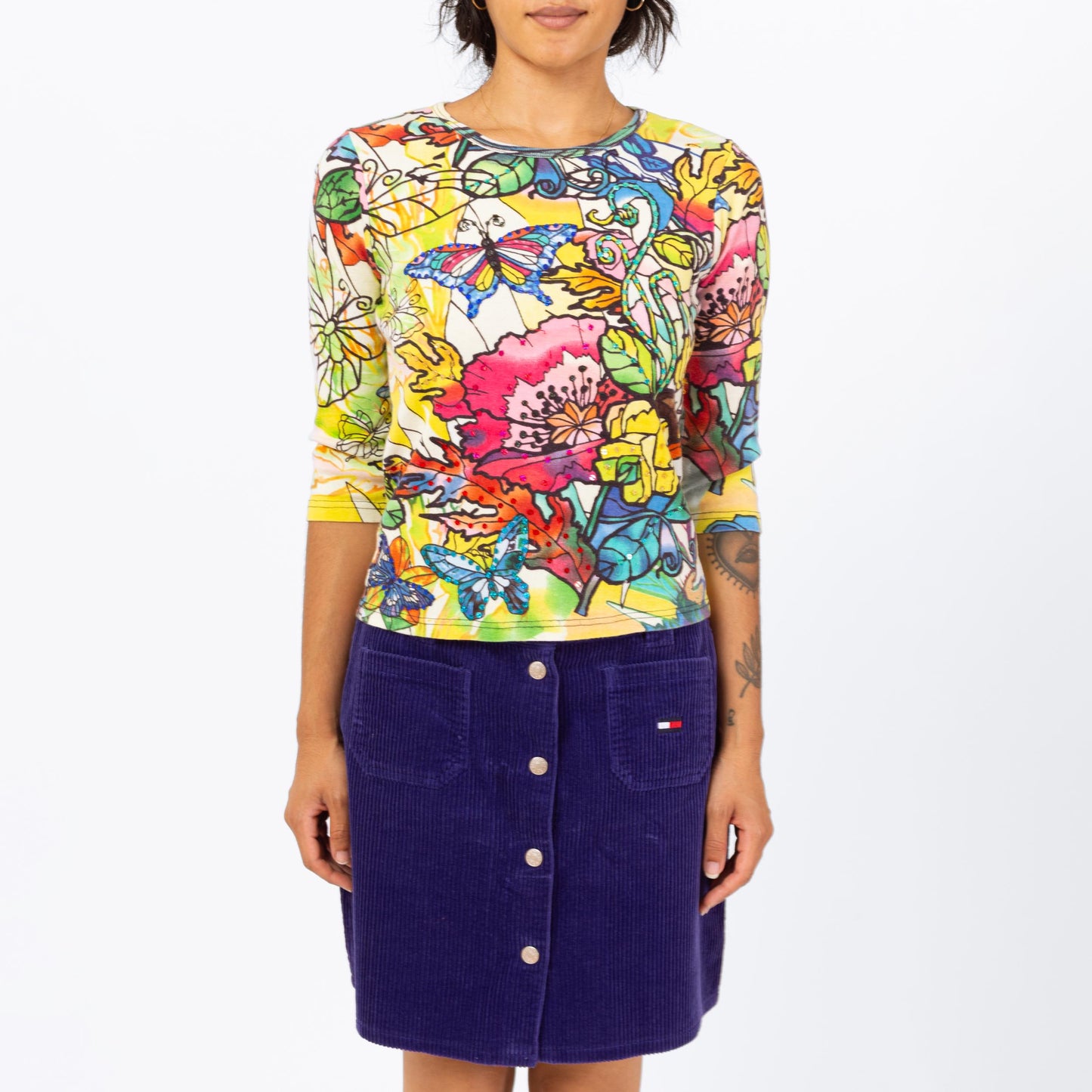 Vintage 90s Butterfly Mosaic Print Sequin Shirt - Small | Maximalist Floral Graphic 3/4 Sleeve Pullover Top