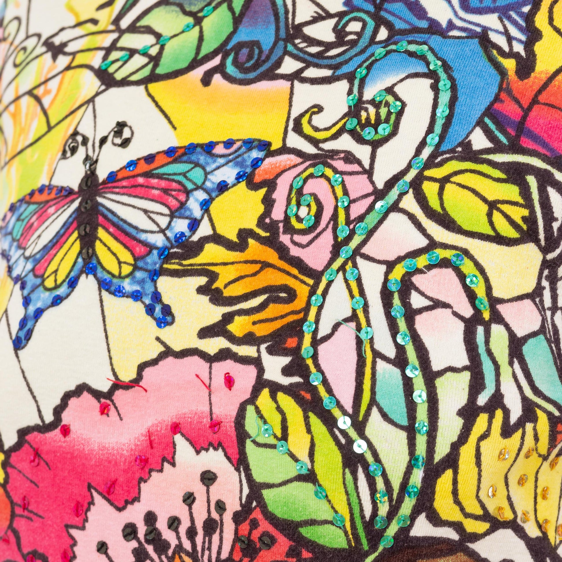 Vintage 90s Butterfly Mosaic Print Sequin Shirt - Small | Maximalist Floral Graphic 3/4 Sleeve Pullover Top