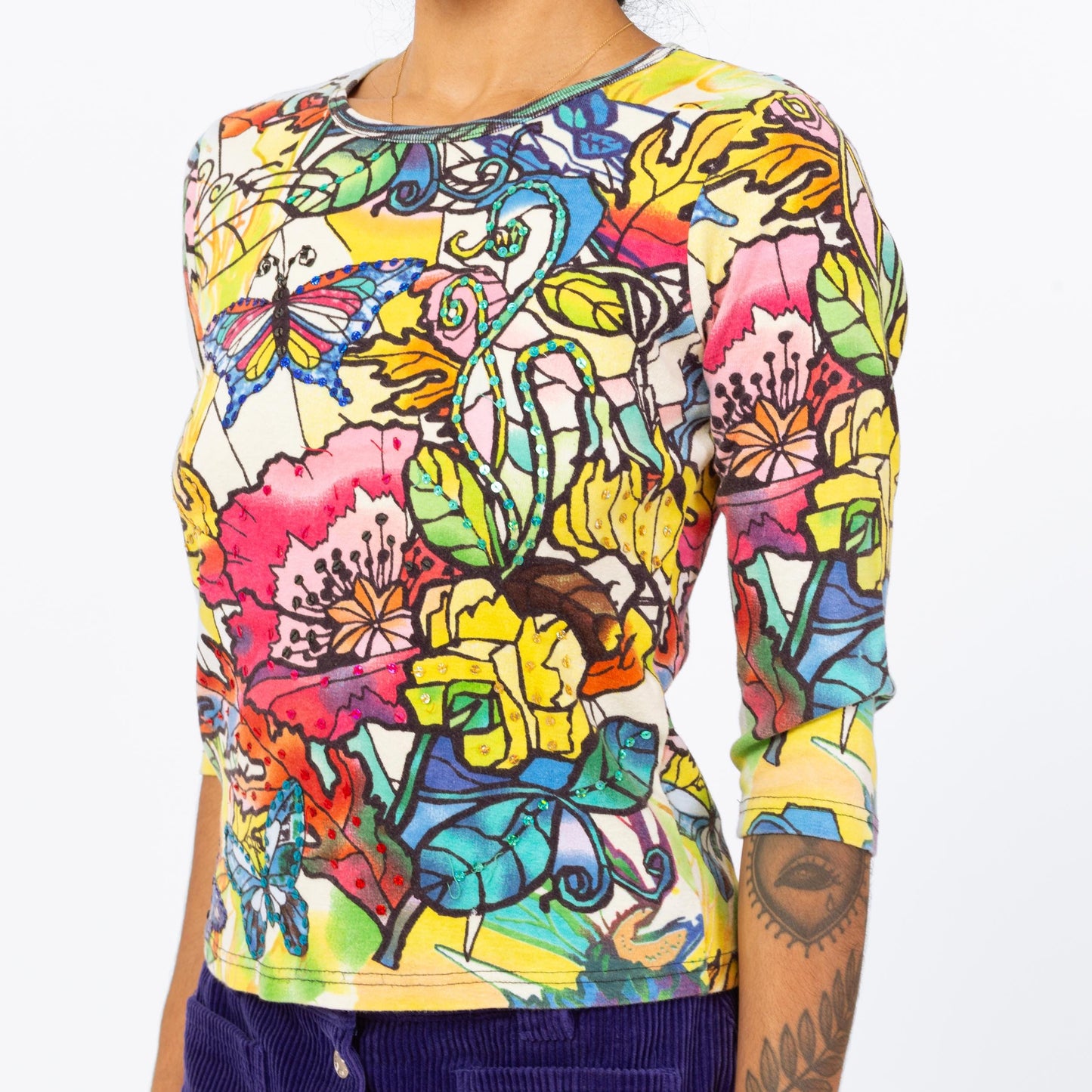 Vintage 90s Butterfly Mosaic Print Sequin Shirt - Small | Maximalist Floral Graphic 3/4 Sleeve Pullover Top