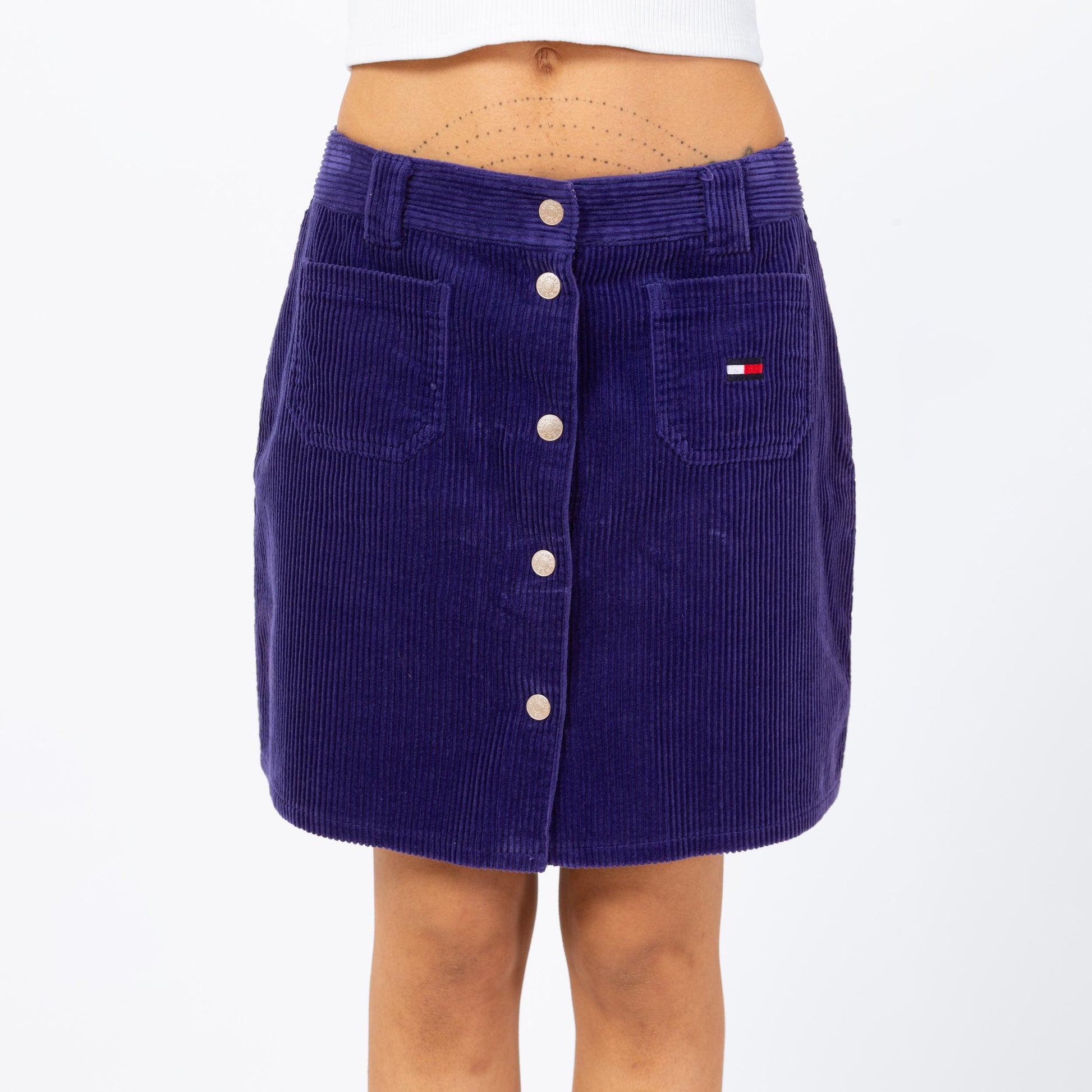 Vintage 90s Tommy Hilfiger Purple Corduroy High Waisted Mini Skirt - Medium, 28" Waist | Preppy A Line Snap Up Pencil Miniskirt
