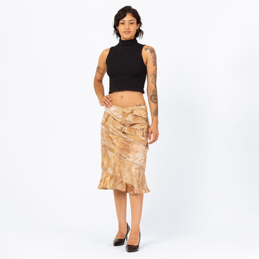 Vintage 90s Alberto Makali Zipper Midi Skirt - Medium | Designer Low Rise Crinkle Print Trumpet Hem Skirt