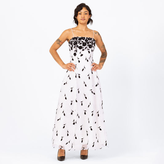 Vintage 90s Black & White Falling Floral Evening Gown - Extra Small | Gothic Sleeveless Formal Maxi Prom Dress, Ball Gown Wedding Dress
