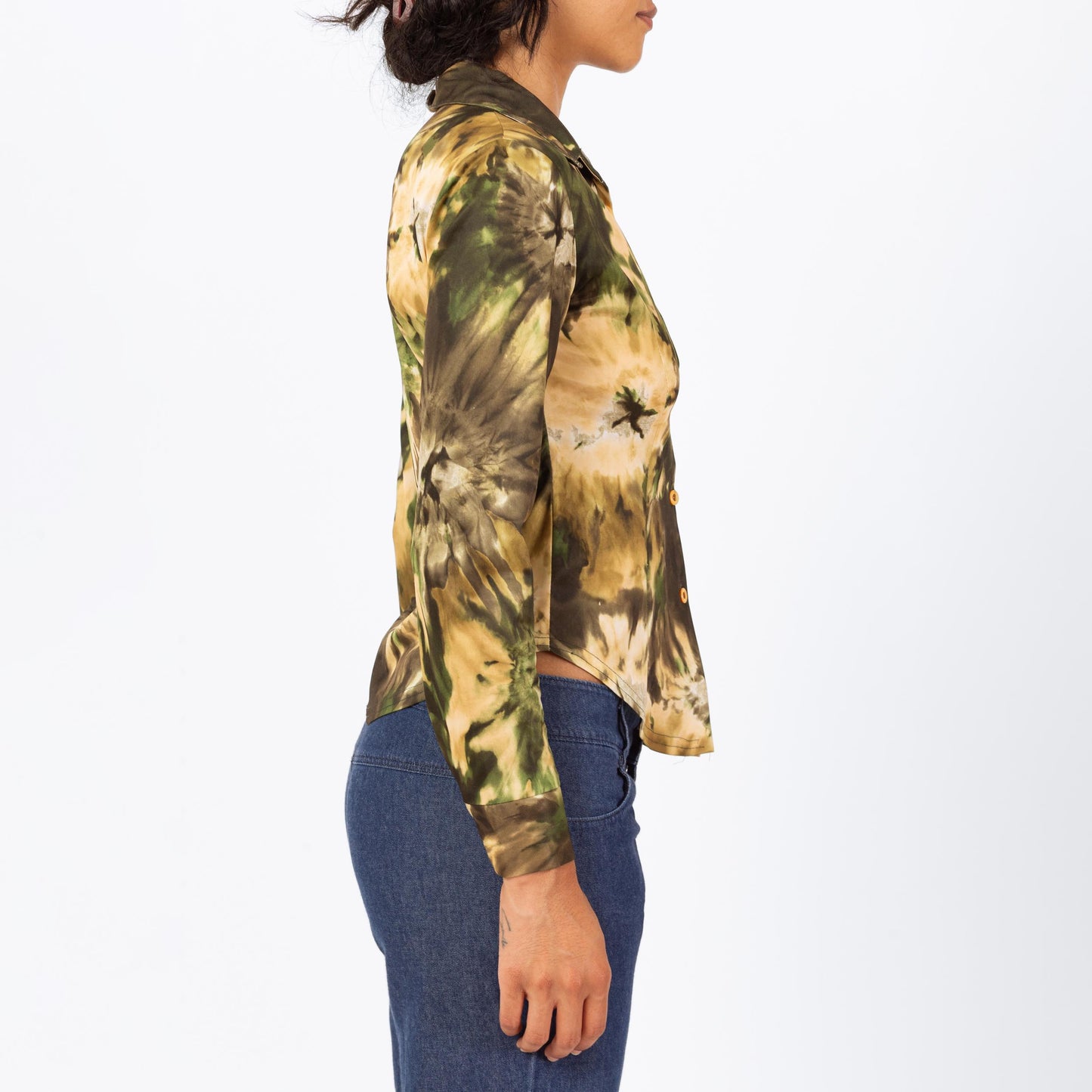 Vintage 90s Camo Tie Dye Print Blouse - Extra Small | Green Earth Tone Long Sleeve Collared Button Up Top