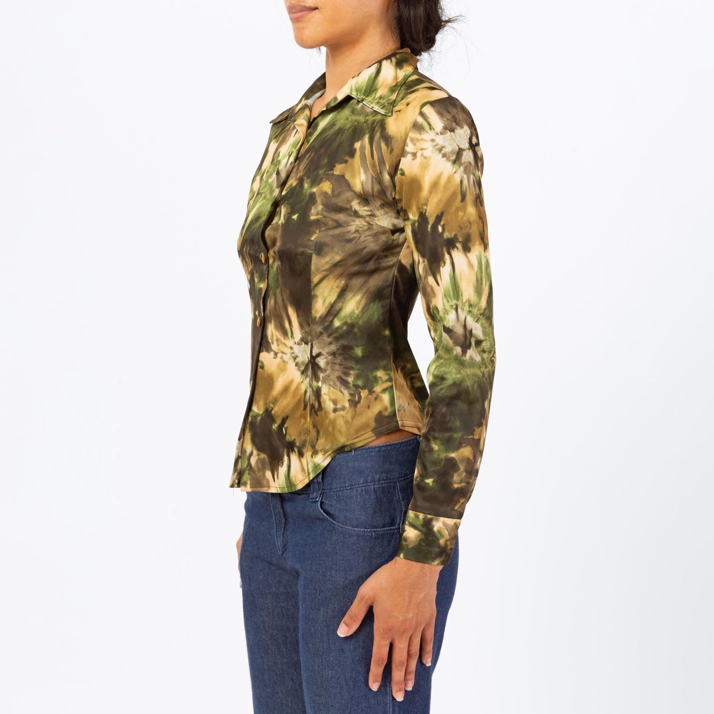 Vintage 90s Camo Tie Dye Print Blouse - Extra Small | Green Earth Tone Long Sleeve Collared Button Up Top