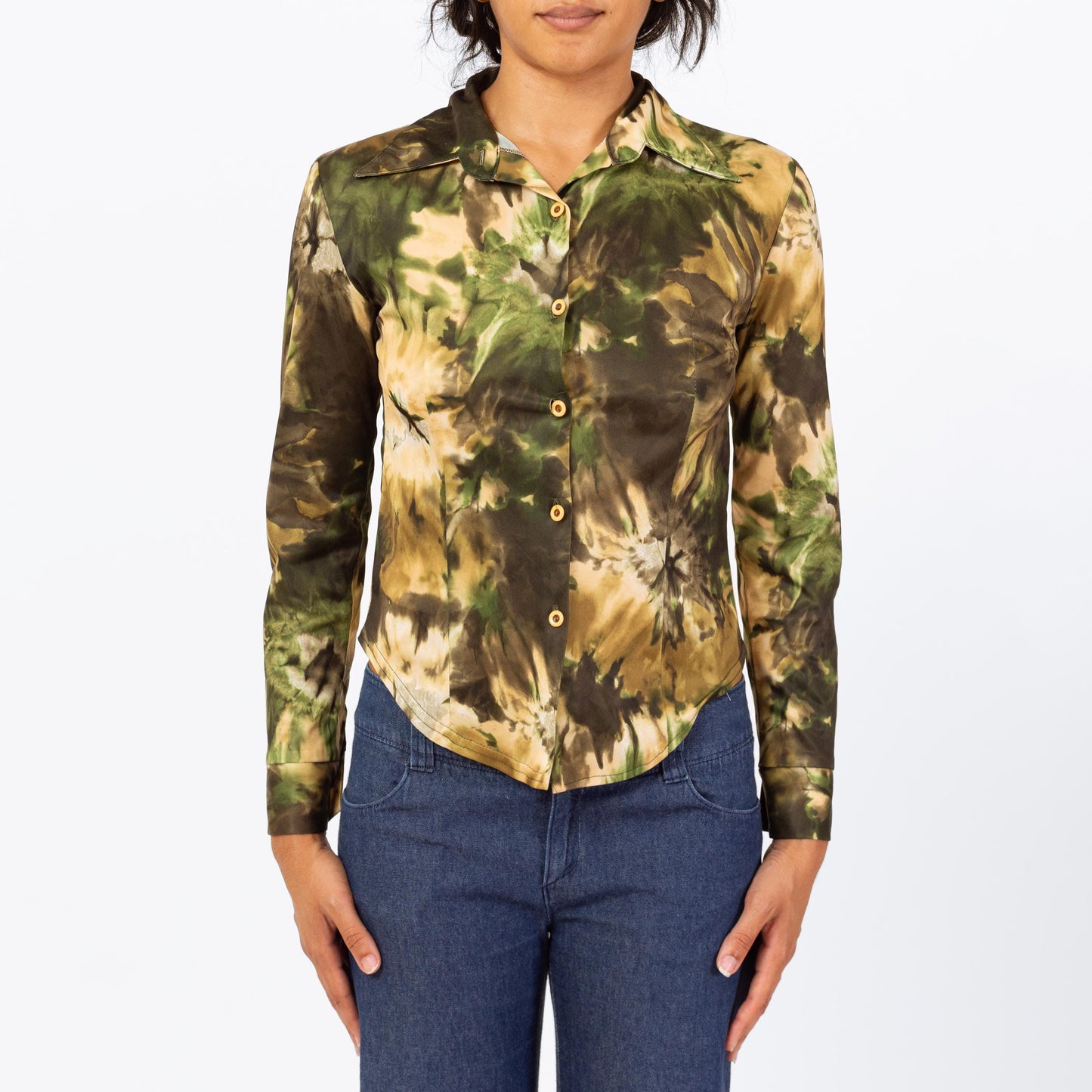 Vintage 90s Camo Tie Dye Print Blouse - Extra Small | Green Earth Tone Long Sleeve Collared Button Up Top