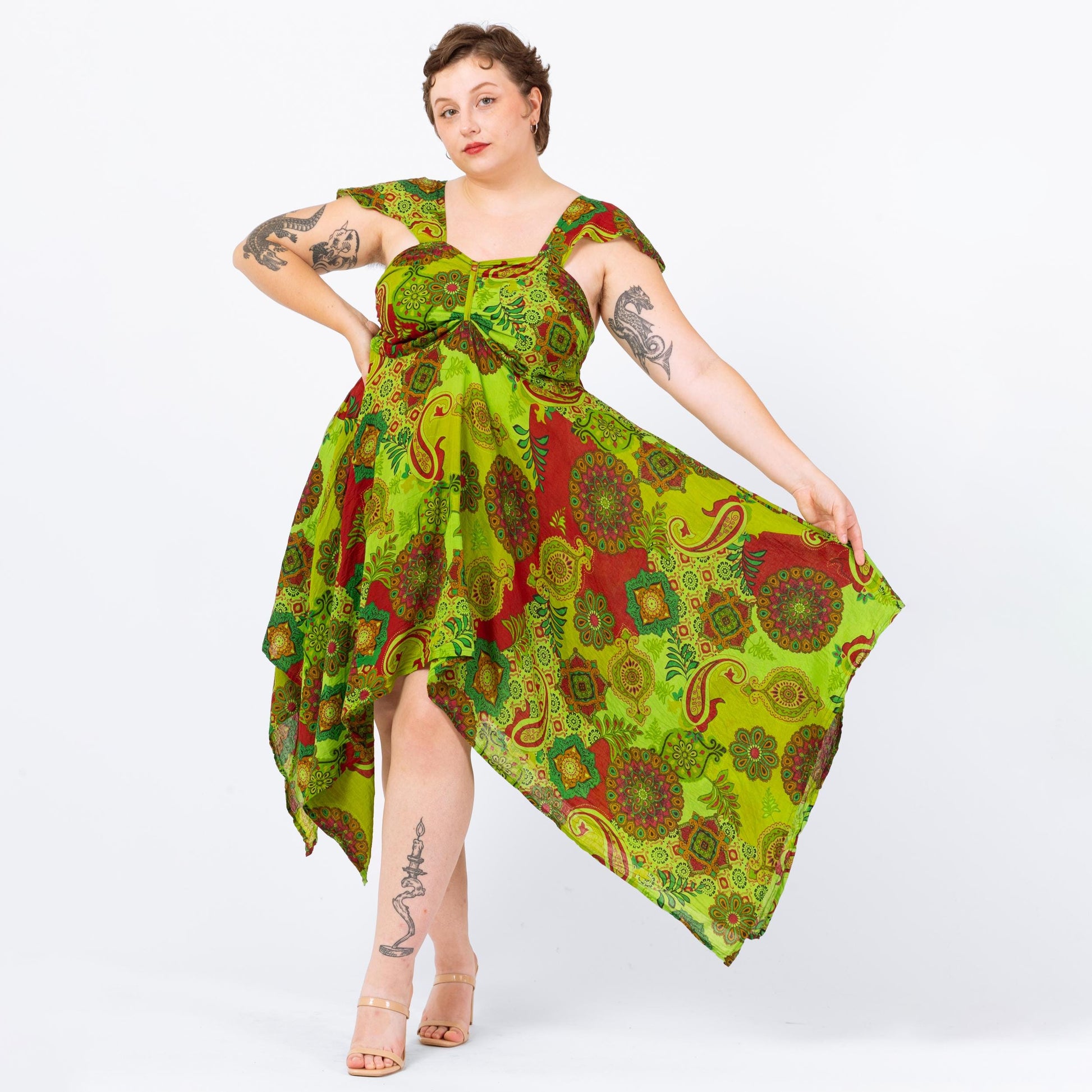 Vintage Y2K Chartreuse Green Scarf Hem Fairy Sundress - Large to XL | Boho Midaxi Floral Paisley Print Festival Handkerchief Dress