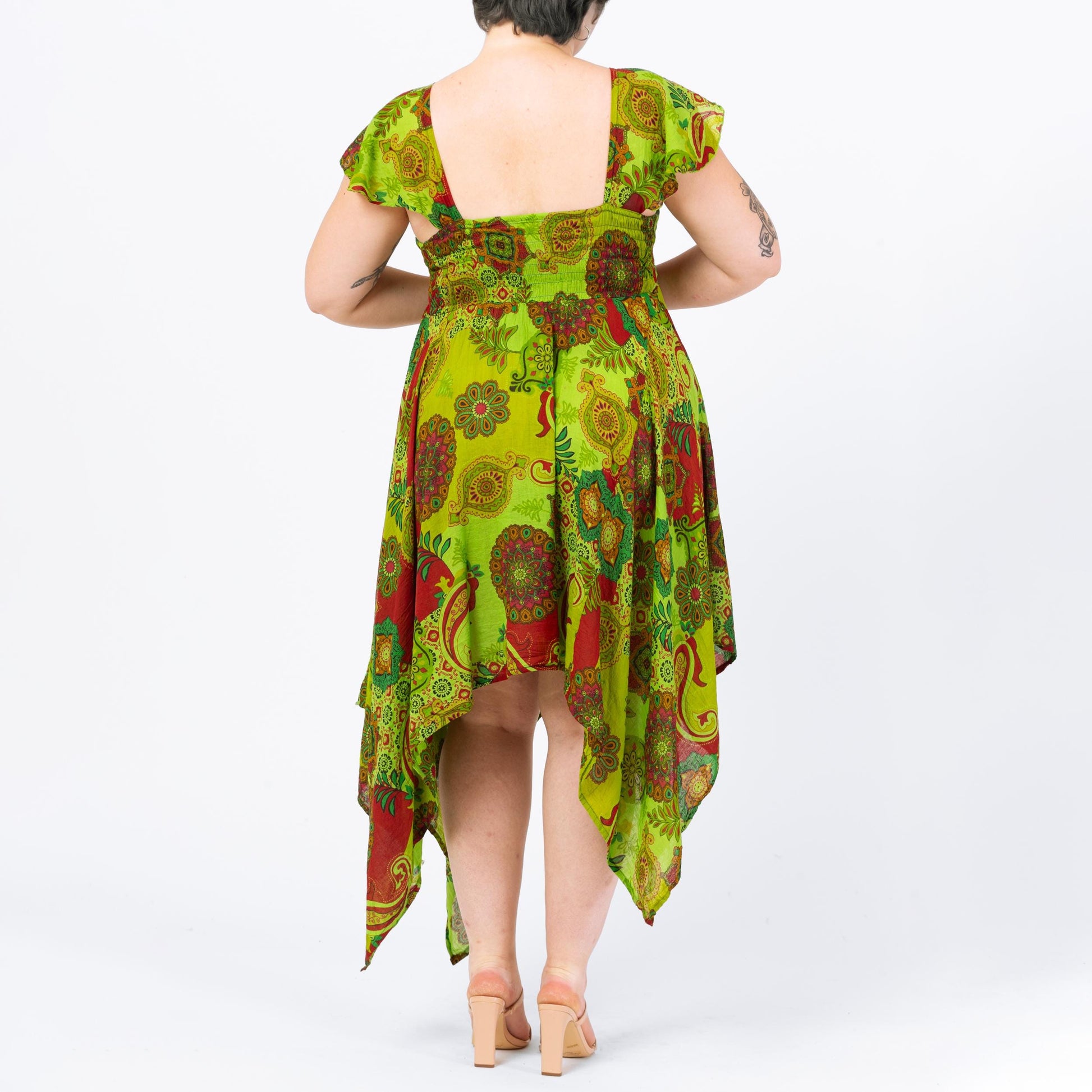 Vintage Y2K Chartreuse Green Scarf Hem Fairy Sundress - Large to XL | Boho Midaxi Floral Paisley Print Festival Handkerchief Dress