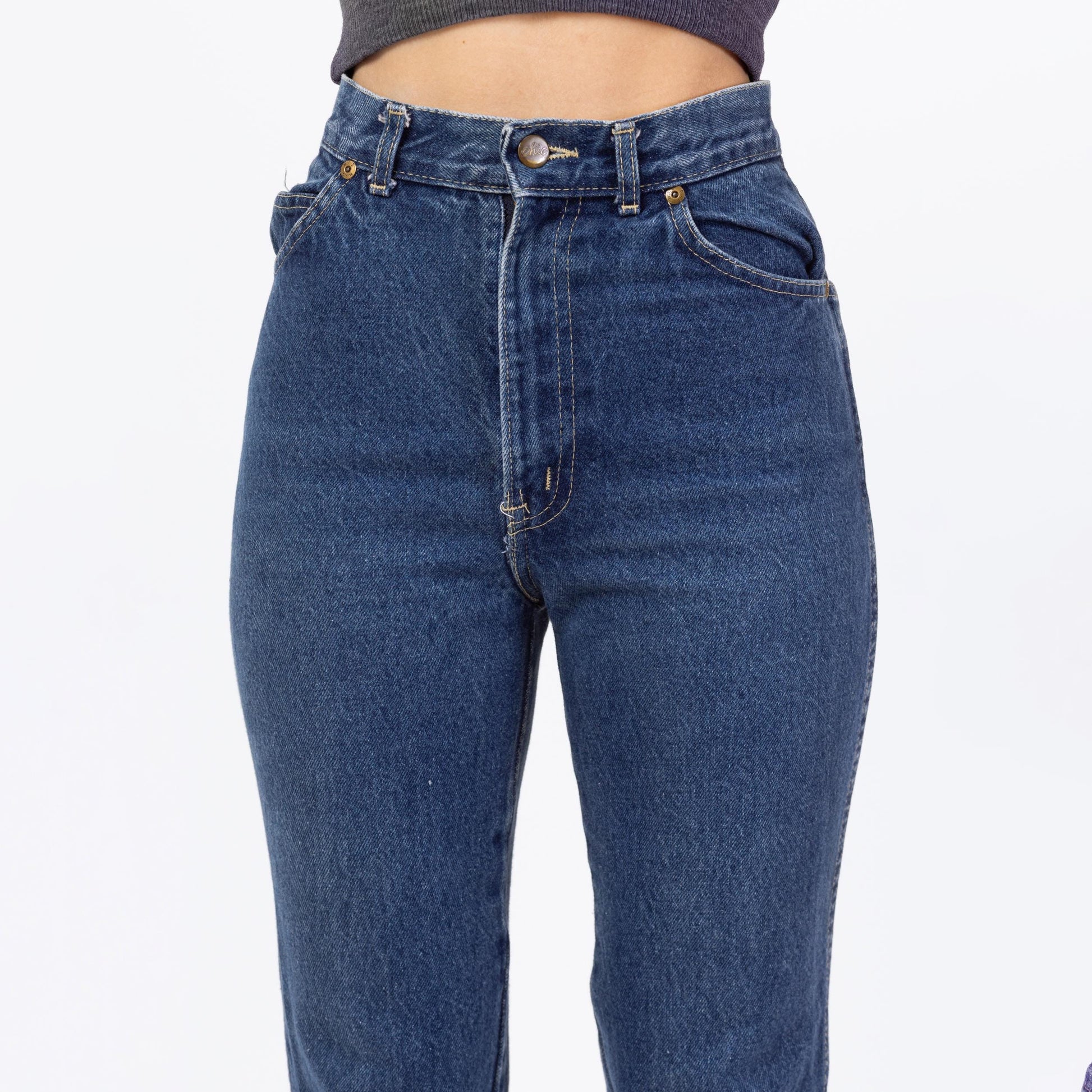 Vintage 80s Chic High Waisted Straight Leg Jeans - XXS, 23" | Yoked Waist Dark Wash Denim Petite Skinny Jeans