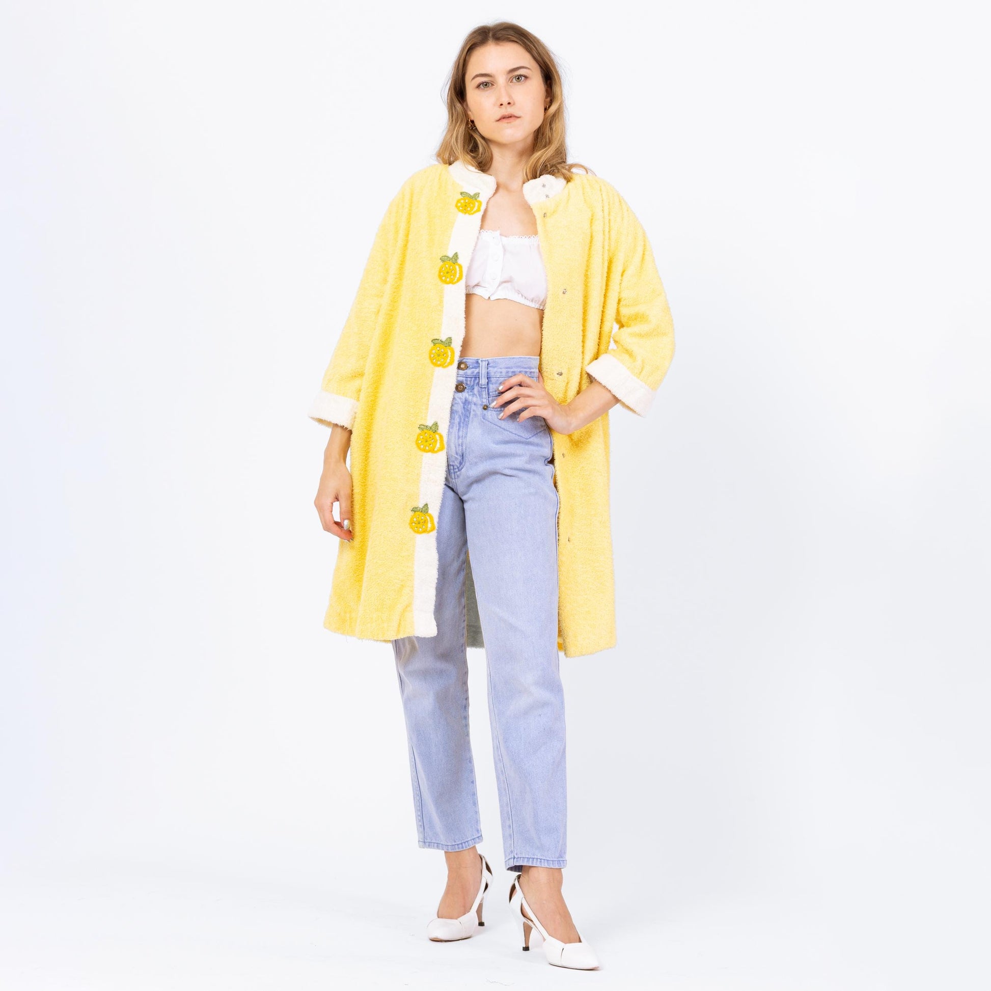 Vintage 70s Lemon Yellow Terrycloth House Coat - Small | Retro Loungewear Robe, Kitsch Novelty Embroidered Jacket