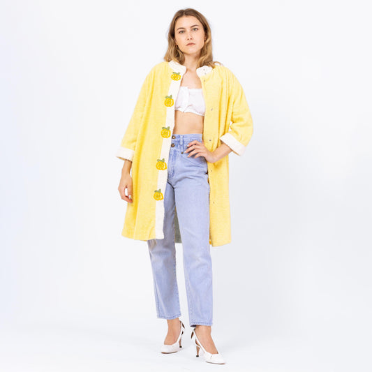 Vintage 70s Lemon Yellow Terrycloth House Coat - Small | Retro Loungewear Robe, Kitsch Novelty Embroidered Jacket