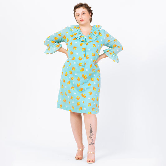 Vintage 60s Aqua Blue Floral Polka Dot Print House Dress - Extra Large | 1960s Retro 3/4 Sleeve Ruffle Collar A Line Midi Shift Dress