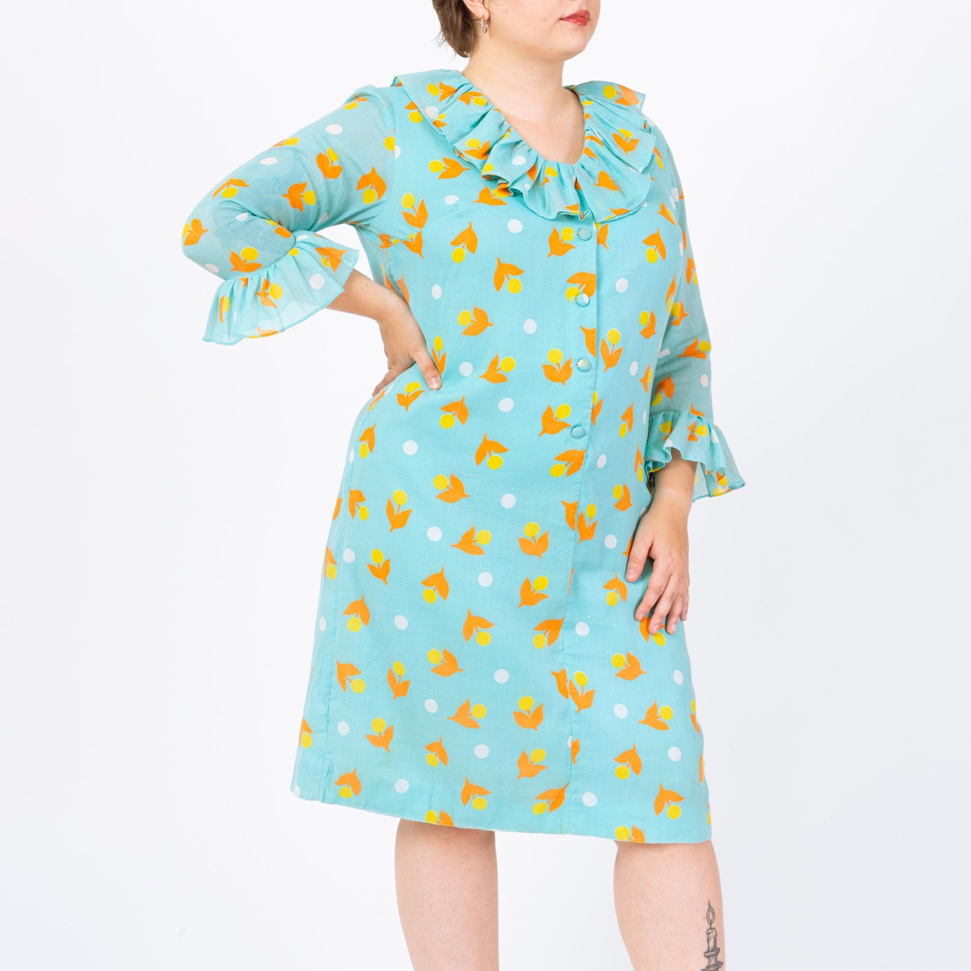Vintage 60s Aqua Blue Floral Polka Dot Print House Dress - Extra Large | 1960s Retro 3/4 Sleeve Ruffle Collar A Line Midi Shift Dress