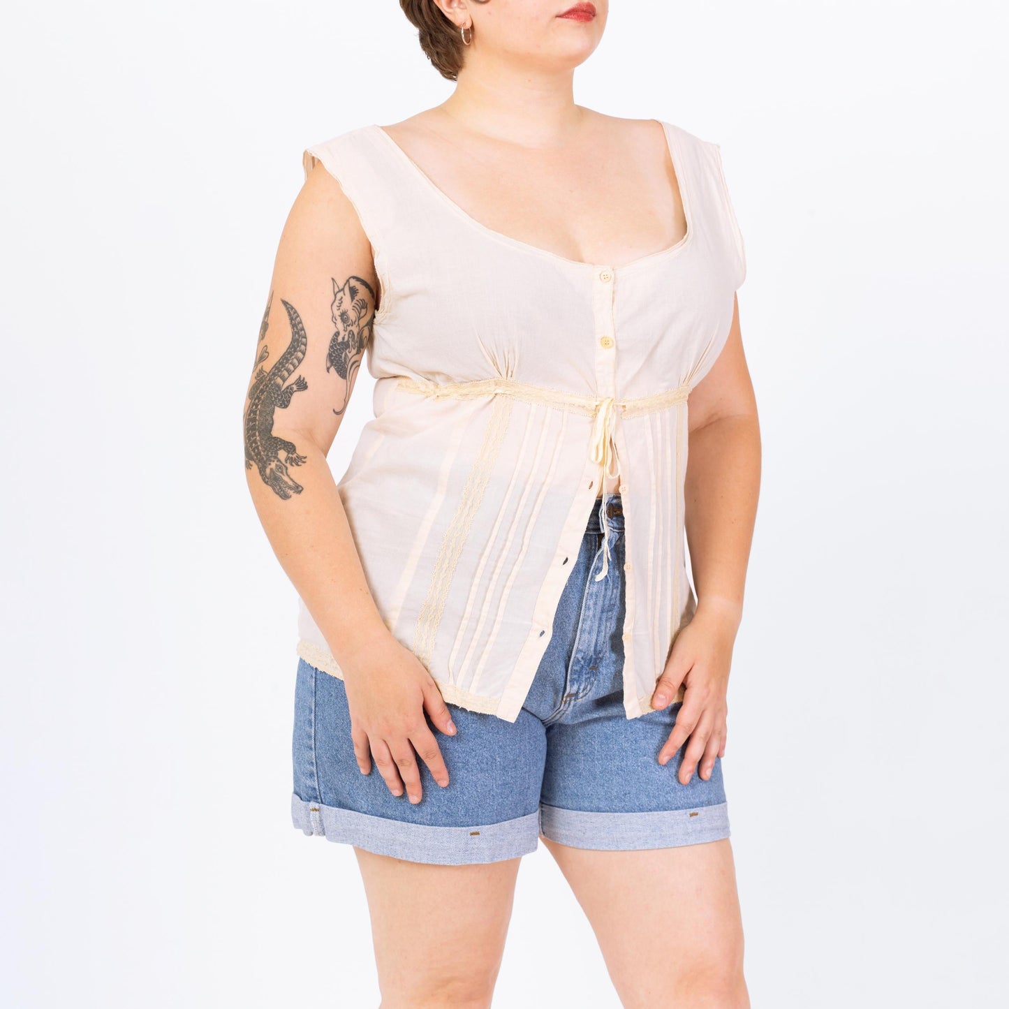 Vintage 90s Cream Cotton Lace Trim Renaissance Top - Large | Boho Scoop Neck Blouse, Cottagecore Cap Sleeve Top
