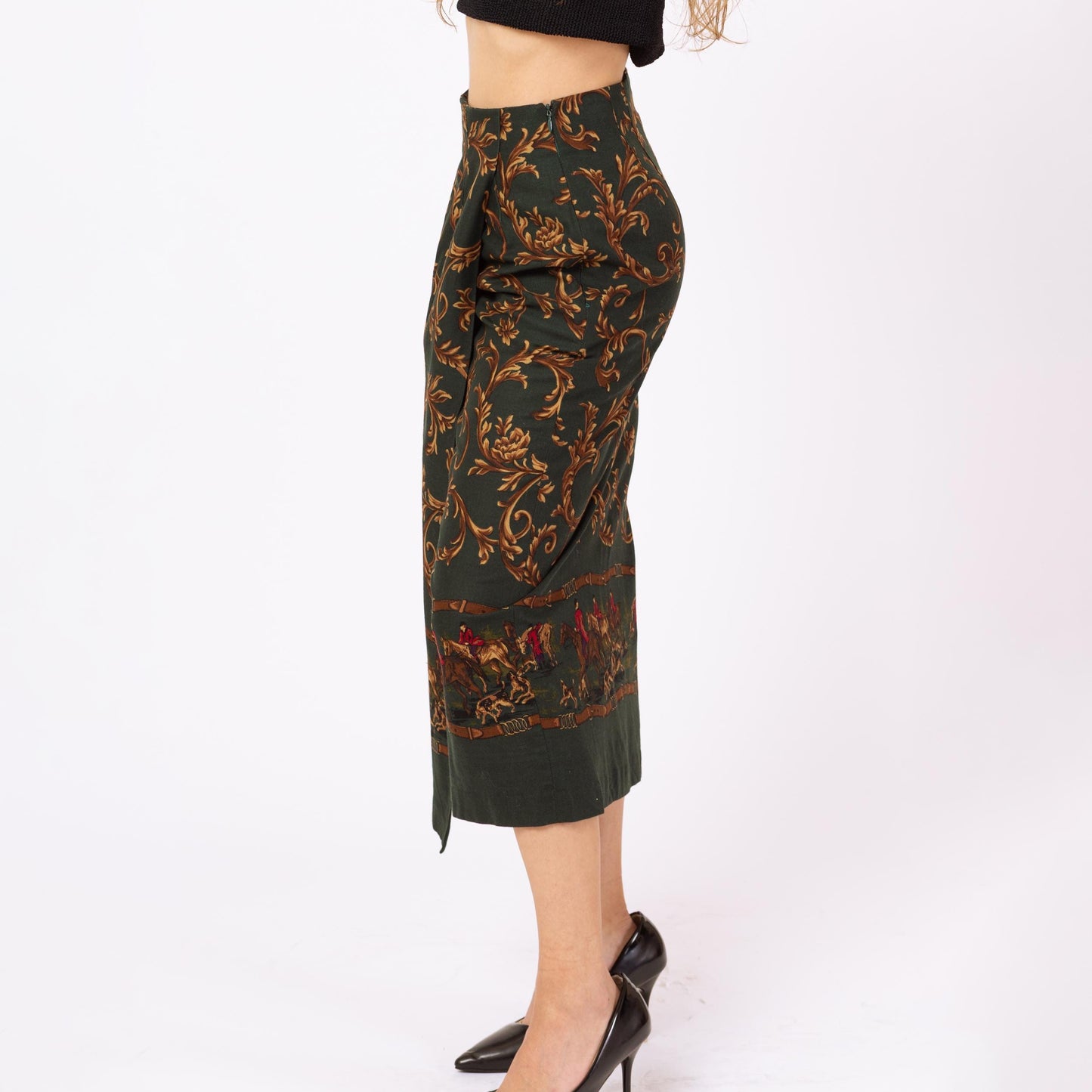 Vintage 90s Equestrian Print Midi Skirt - Extra Small, 24" Waist | Forest Green Baroque Fox Hunt High Waisted Faux Wrap Skirt