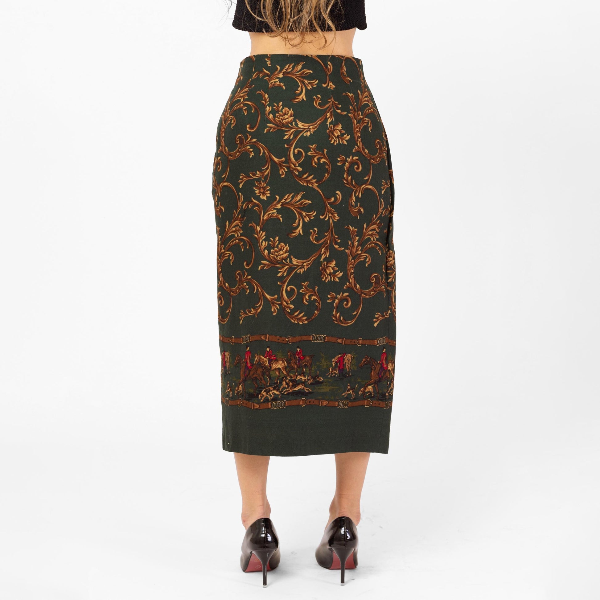 Vintage 90s Equestrian Print Midi Skirt - Extra Small, 24" Waist | Forest Green Baroque Fox Hunt High Waisted Faux Wrap Skirt