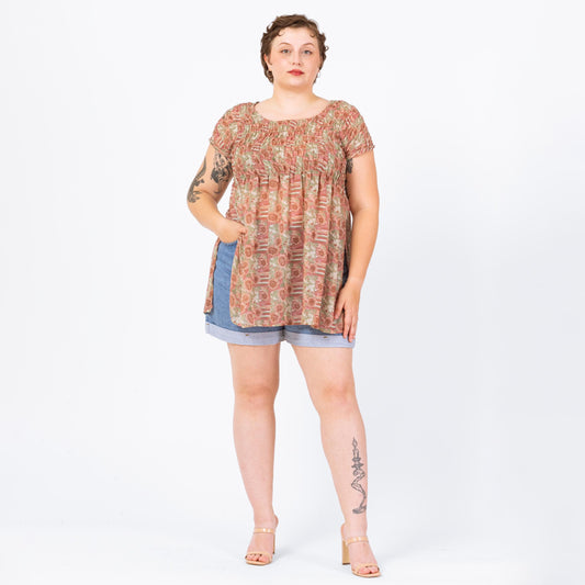 Vintage 90s Floral Shirred Bodice Babydoll Top - Large | Micro Mini Dress Layering Piece, Boho Short Sleeve Blouse
