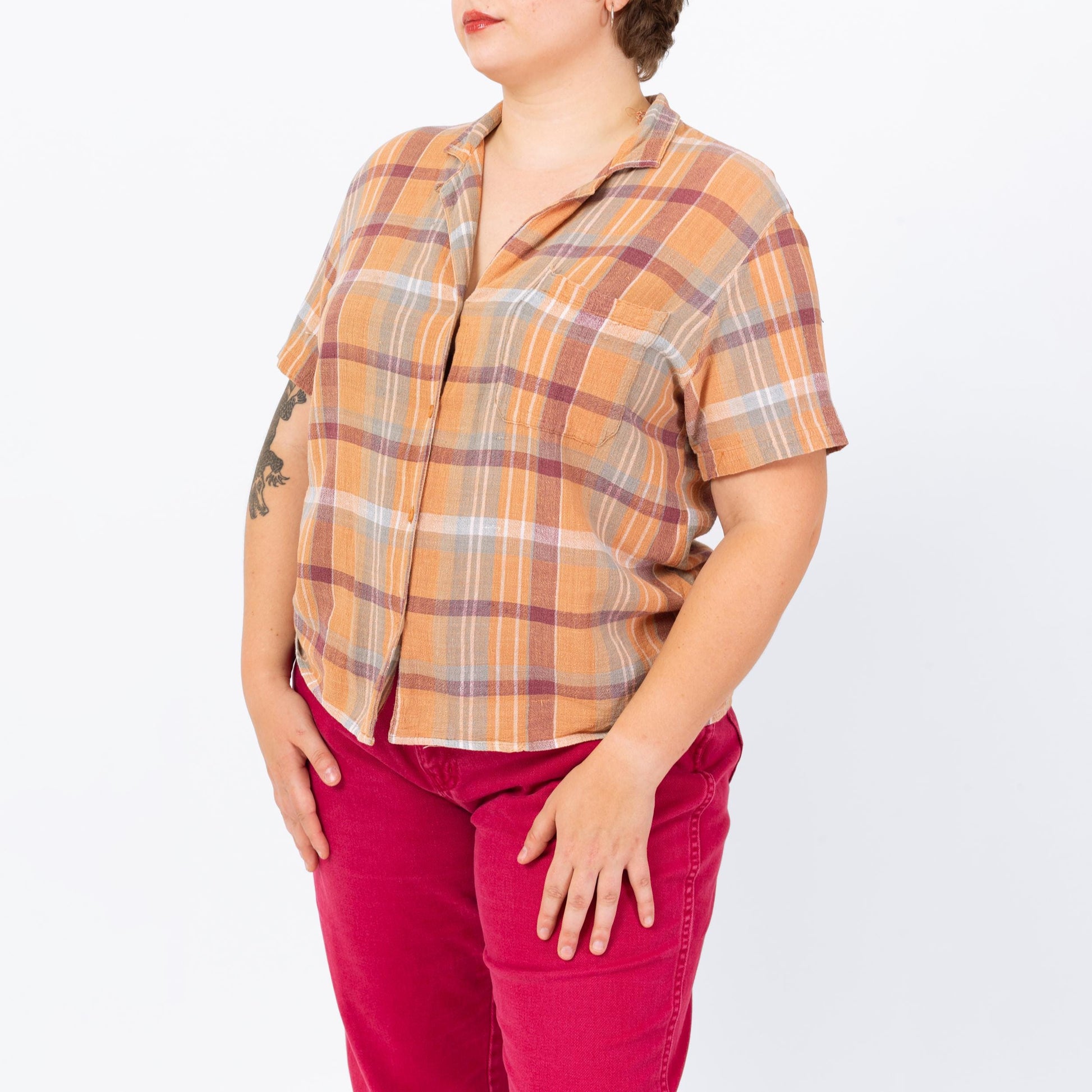 Vintage 80s Orange Plaid Woven Cotton Button Up Shirt - Large | Boho Madras Plaid Short Sleeve Collared Top