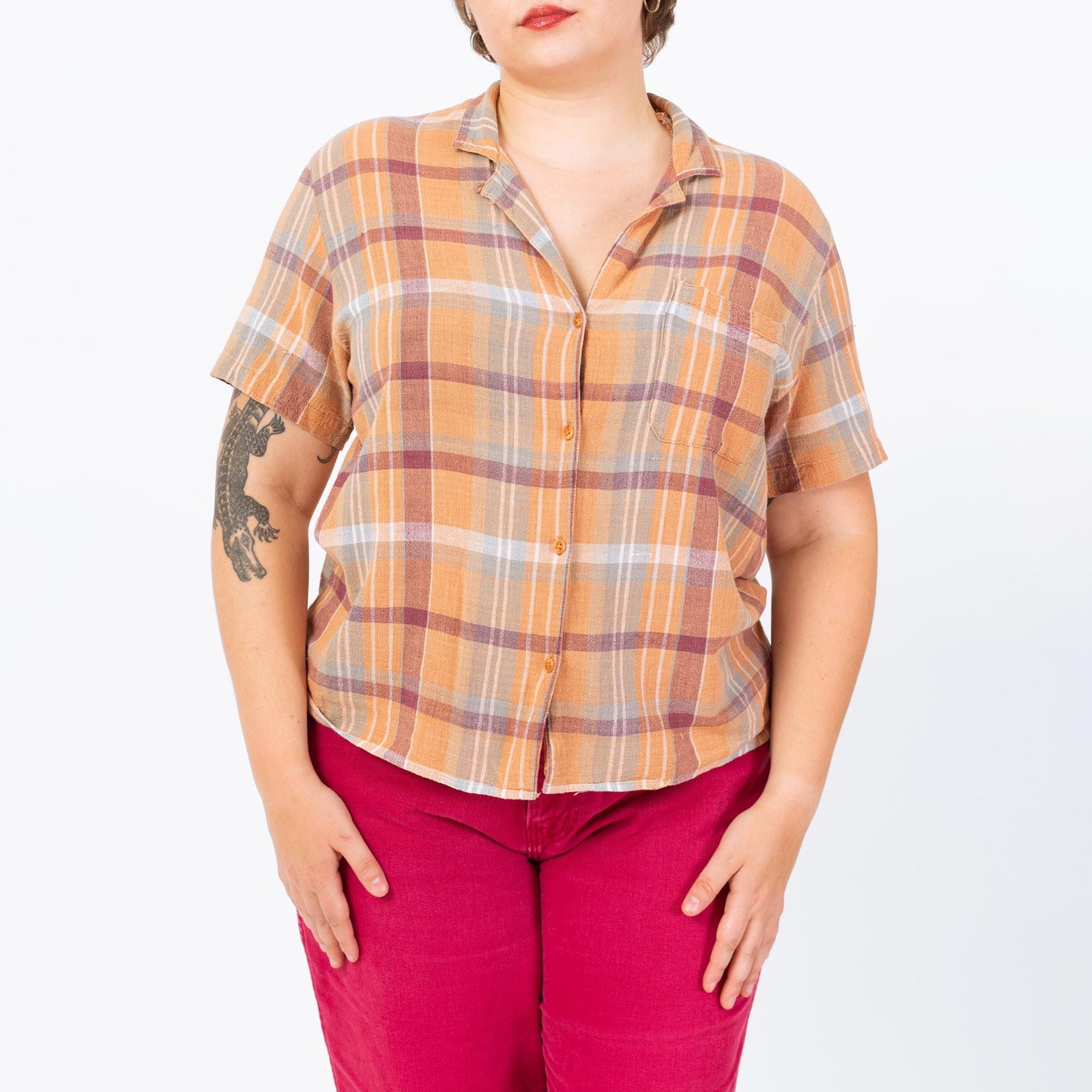 Vintage 80s Orange Plaid Woven Cotton Button Up Shirt - Large | Boho Madras Plaid Short Sleeve Collared Top