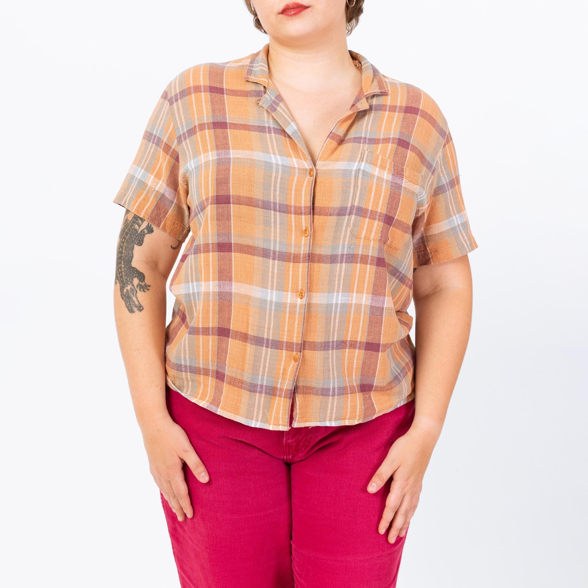 Vintage 80s Orange Plaid Woven Cotton Button Up Shirt - Large | Boho Madras Plaid Short Sleeve Collared Top