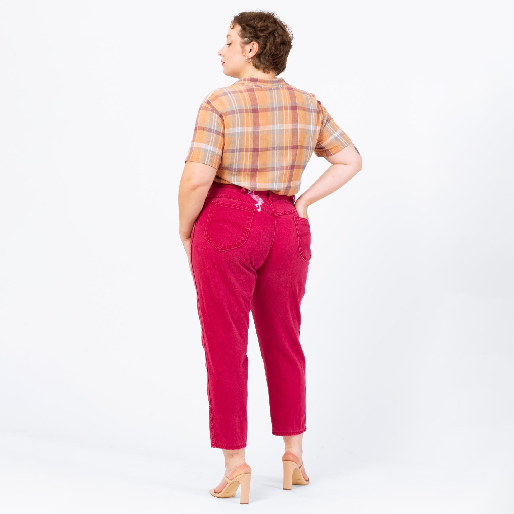 Vintage 80s Hot Pink Flamingo Patch Jeans - Extra Large, 35" Waist | Chic High Waisted Tapered Leg Soft Cotton Denim Mom Jeans