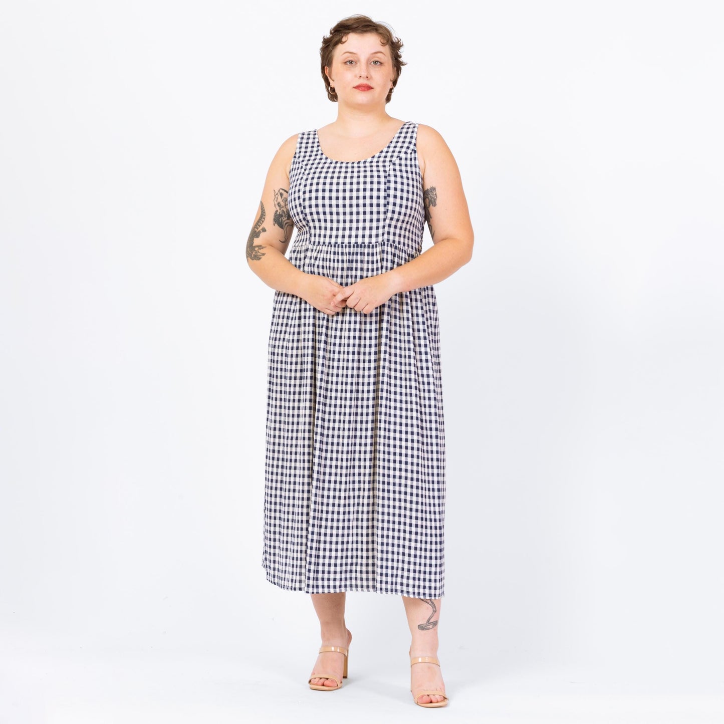 Vintage 90s Navy Blue & White Gingham Maxi Sundress - Large | Sleeveless Scoop Neck Grunge Summer Dress
