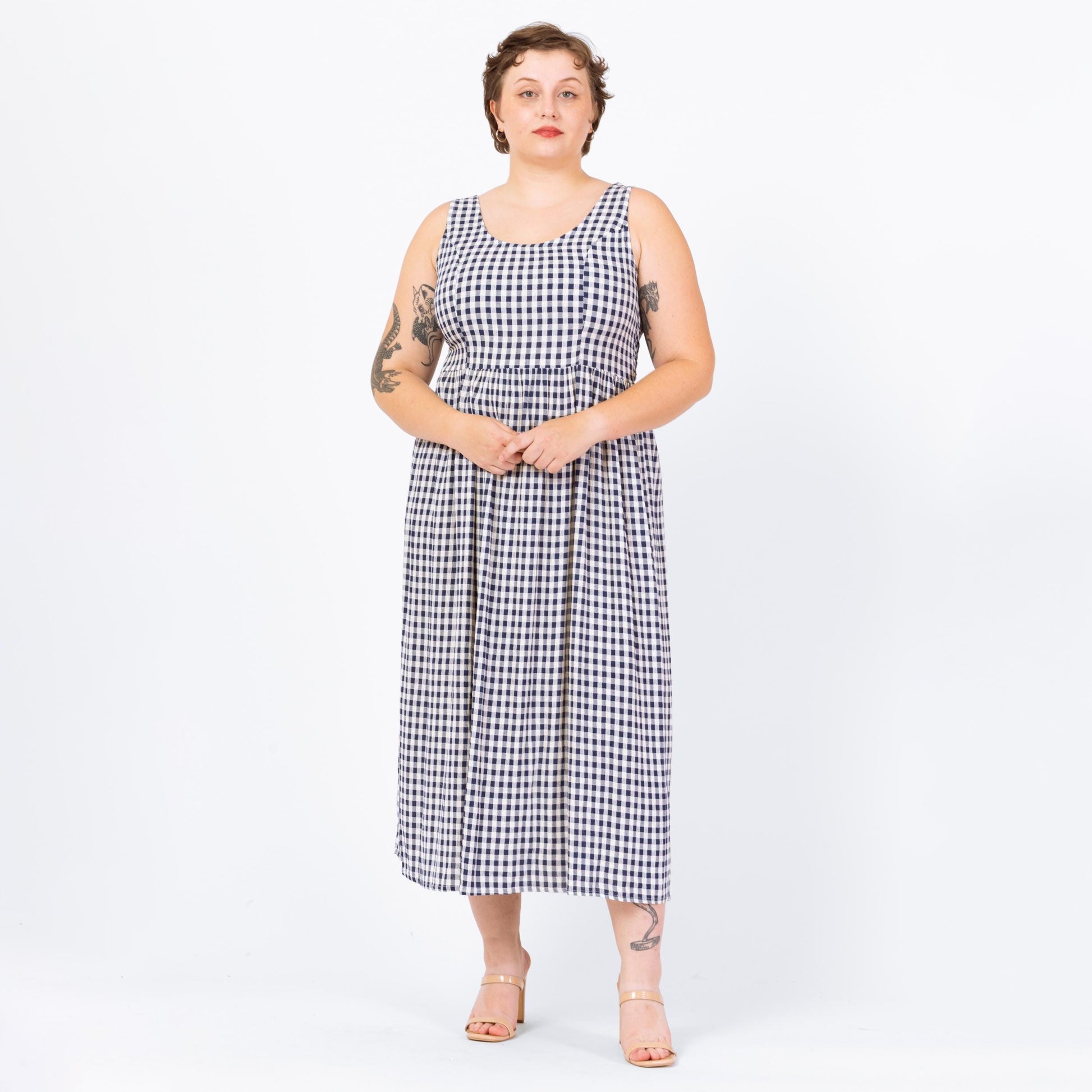 Vintage 90s Navy Blue & White Gingham Maxi Sundress - Large | Sleeveless Scoop Neck Grunge Summer Dress