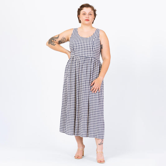 Vintage 90s Navy Blue & White Gingham Maxi Sundress - Large | Sleeveless Scoop Neck Grunge Summer Dress