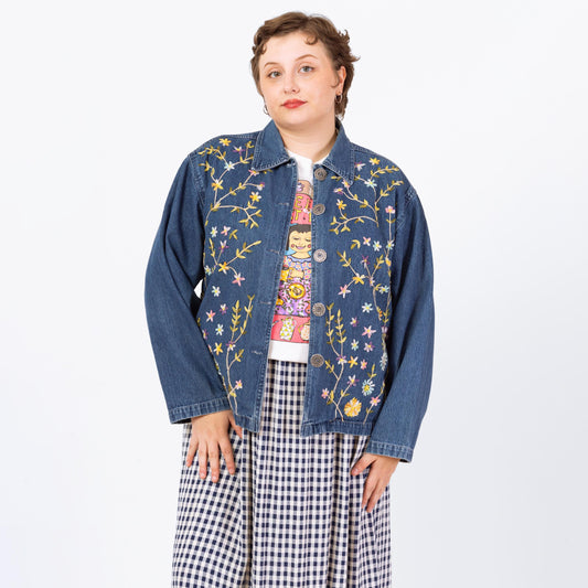 Vintage 90s Floral Embroidered Chambray Denim Jacket - Large | Boho Button Up Lightweight Jean Jacket