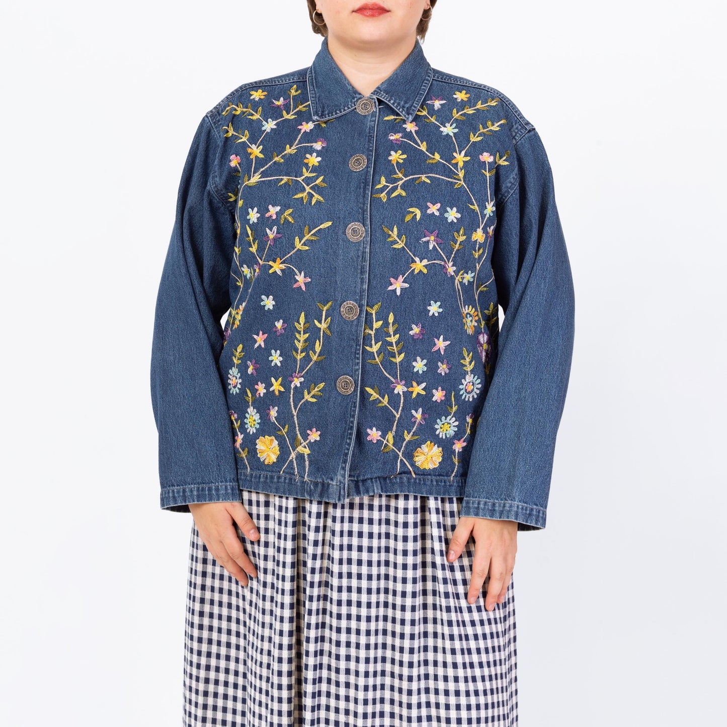 Vintage 90s Floral Embroidered Chambray Denim Jacket - Large | Boho Button Up Lightweight Jean Jacket