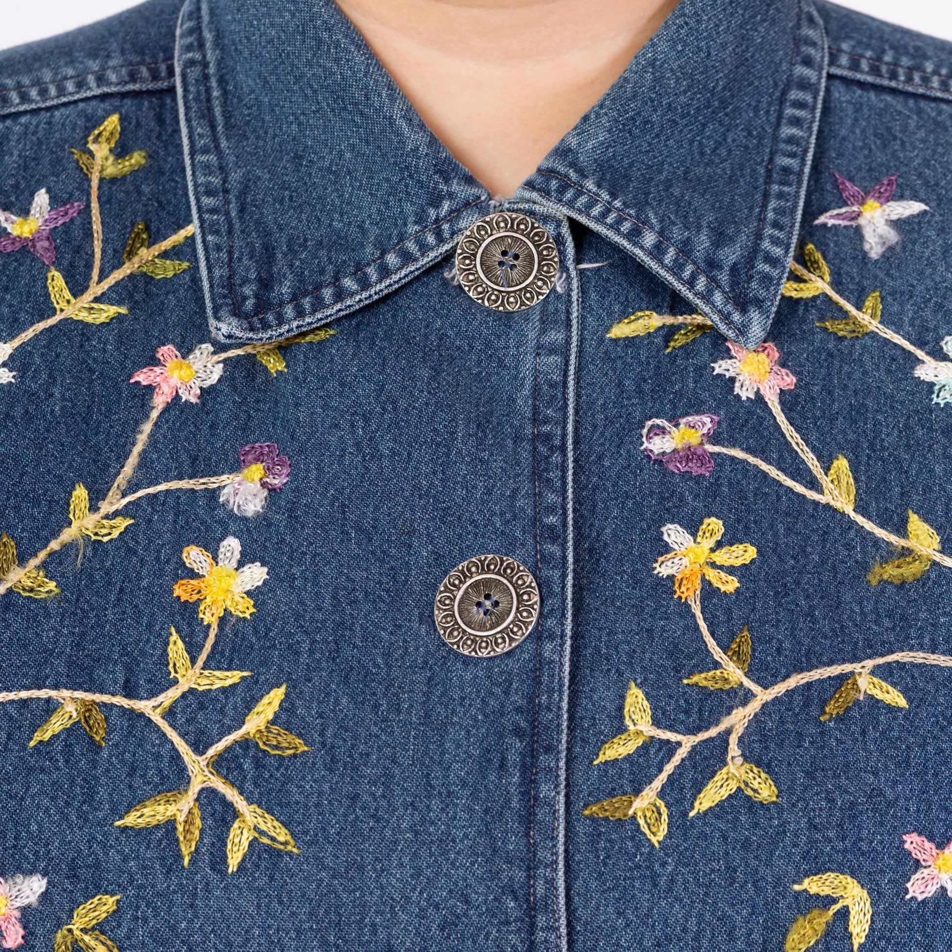 Vintage 90s Floral Embroidered Chambray Denim Jacket - Large | Boho Button Up Lightweight Jean Jacket