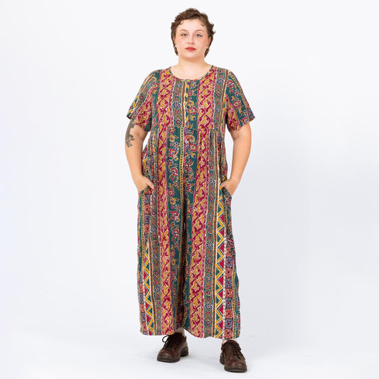 Vintage 80s Jewel Tone Floral Striped Jumpsuit - Extra Large | Grunge Short Sleeve Rayon Loungewear Outfit Pantsuit