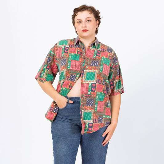 Vintage 90s Heart & Floral Patchwork Print Button Up Shirt - Men's Large, Women's XL | Retro Kitsch Short Sleeve Collared Bandana Top