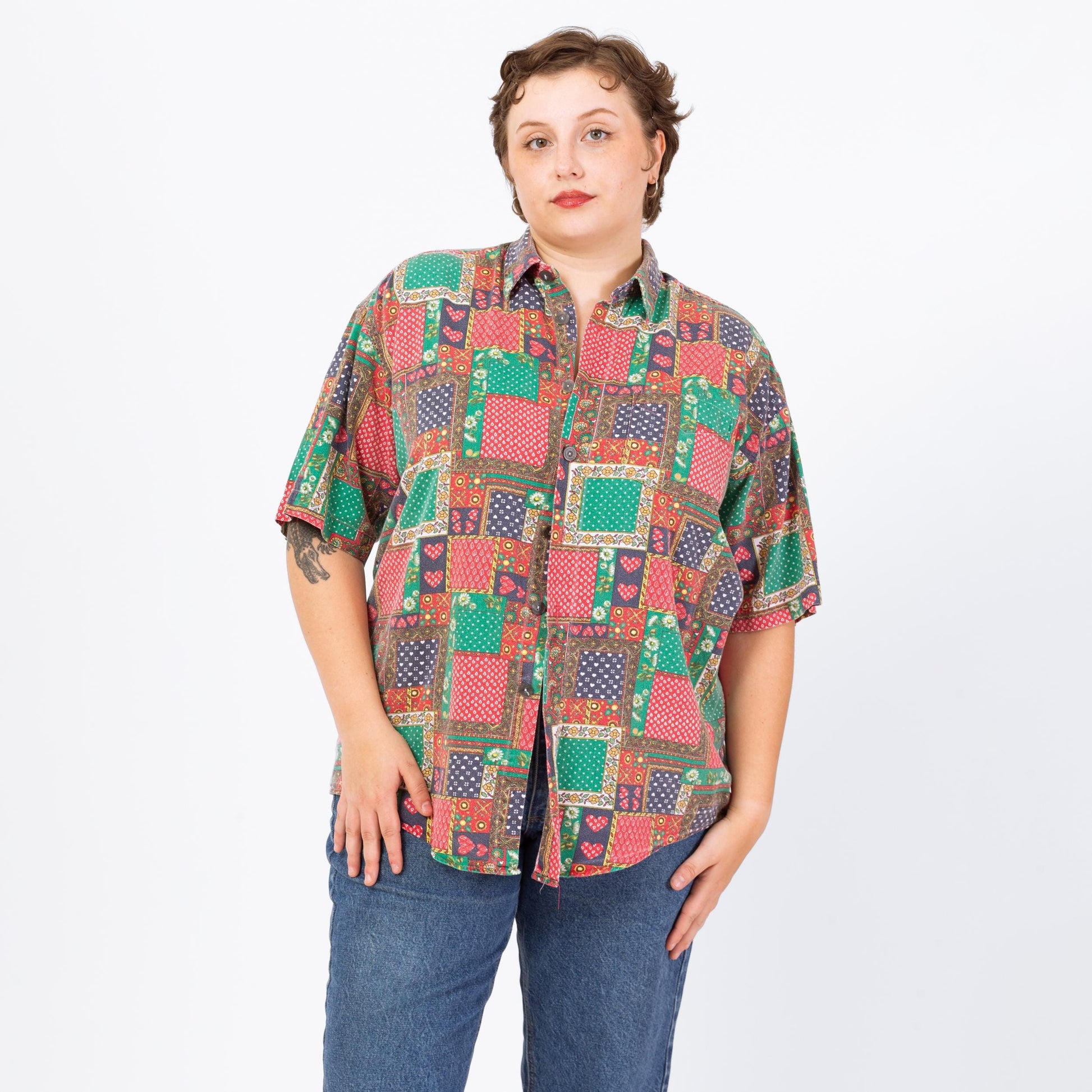 Vintage 90s Heart & Floral Patchwork Print Button Up Shirt - Men's Large, Women's XL | Retro Kitsch Short Sleeve Collared Bandana Top