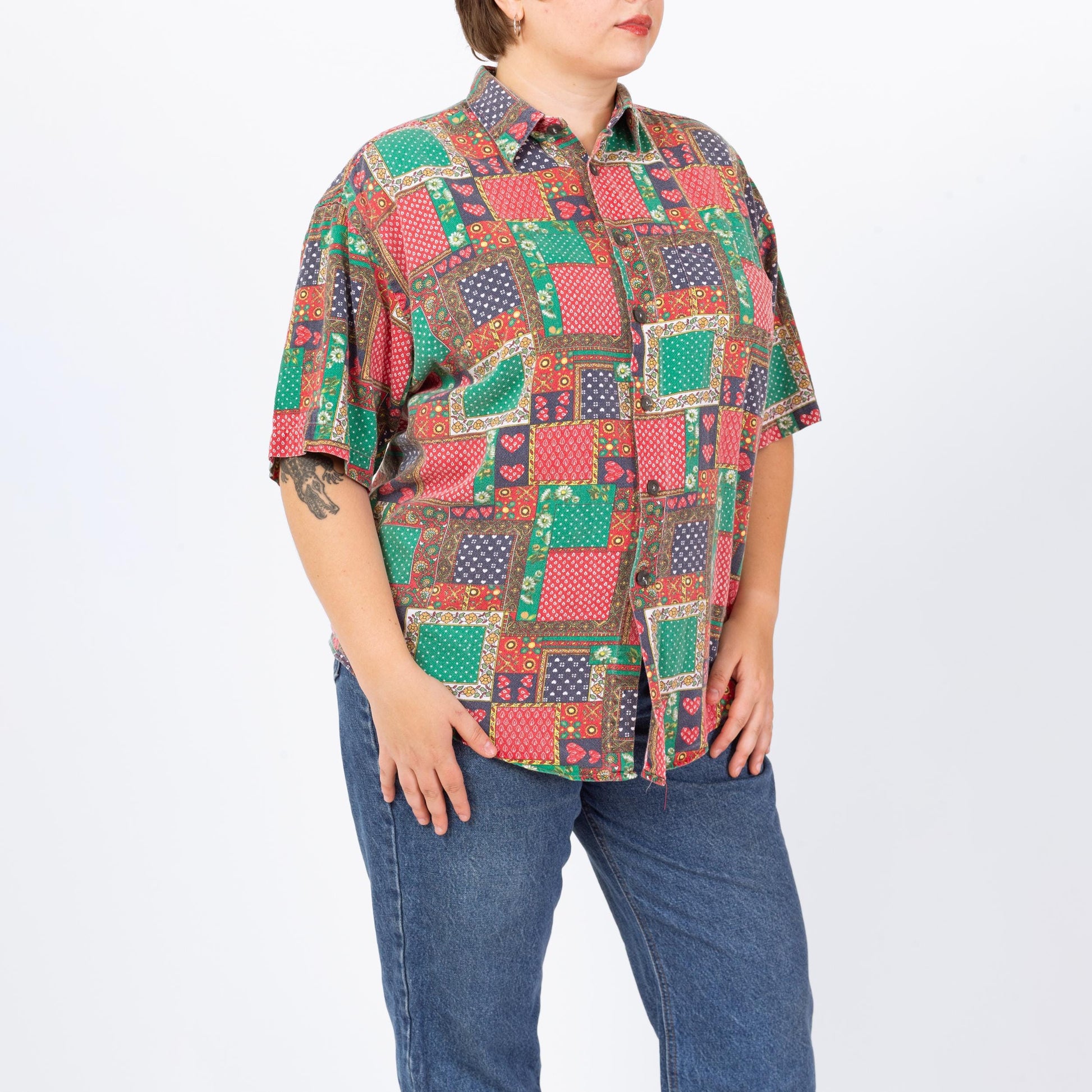 Vintage 90s Heart & Floral Patchwork Print Button Up Shirt - Men's Large, Women's XL | Retro Kitsch Short Sleeve Collared Bandana Top