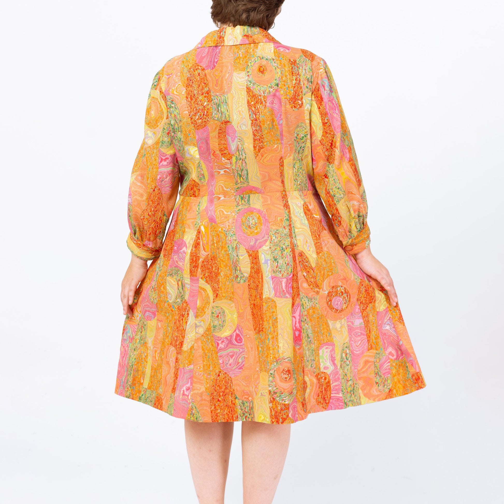 Vintage 60s Orange Marbled Patchwork Print Day Dress - 1X | Retro Long Sleeve Shirtwaist Midi Dress