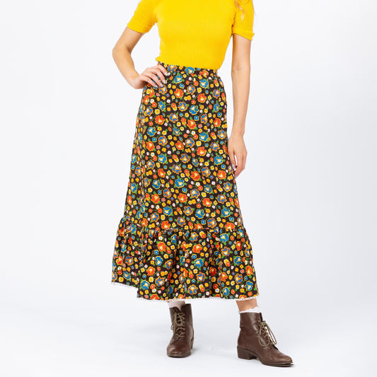 Vintage 60s Black Floral Folk Midi Skirt - XXS, 22.5" Waist | Bobbie Brooks Boho A Line Tiered Cottagecore Hippie Skirt
